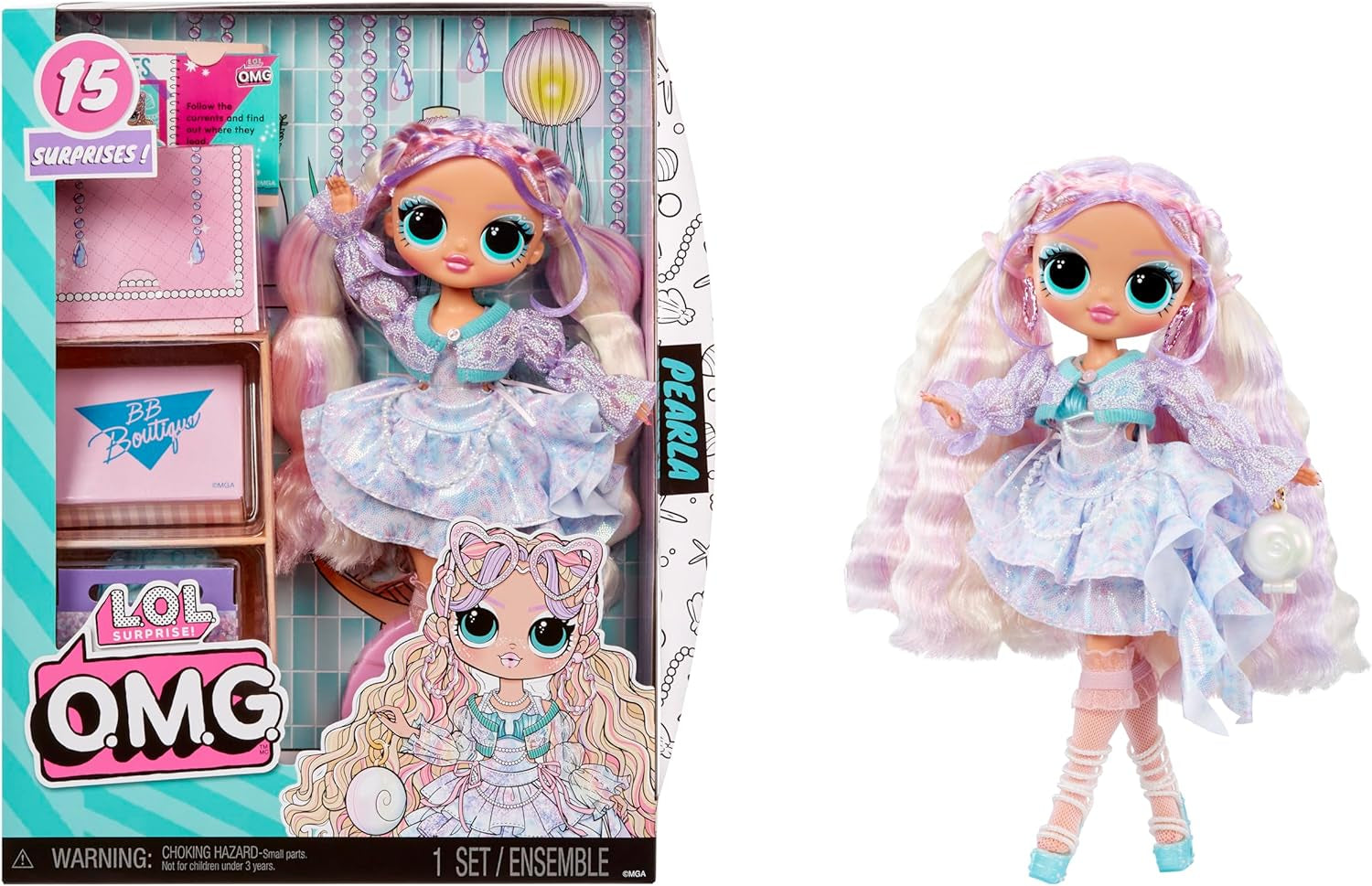 L.O.L. Surpriză! OMG Fashion Doll Pearla cu 15 surprize - păpușă cu modă și accesorii în stil sirenă - pentru copii de la 4 ani Papusi Naty Shop Perla