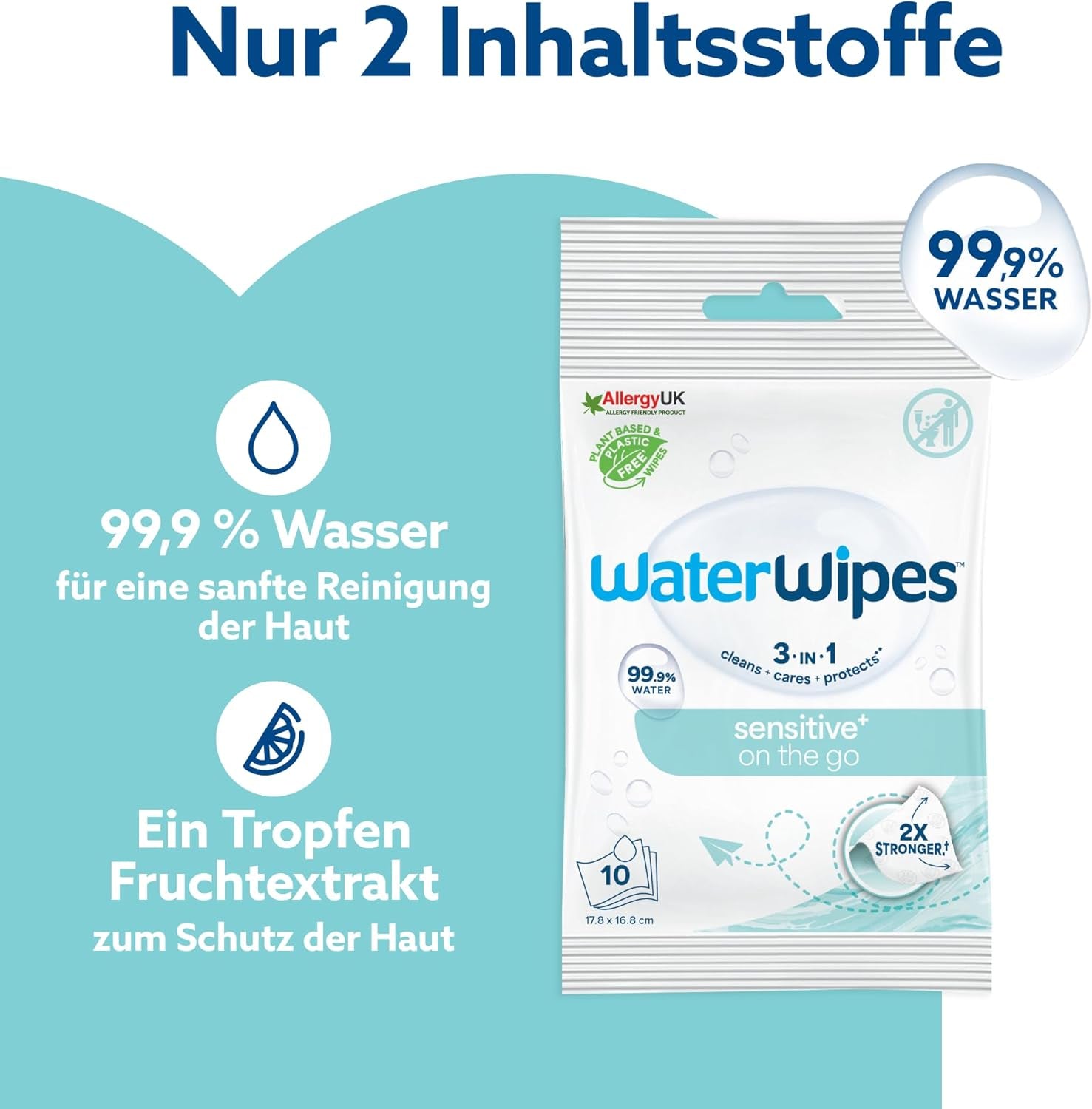 Toallitas húmedas WaterWipes Sensitive+ On The Go, 100 toallitas (paquete de 10), 3 en 1 limpia, cuida, protege, 99,9 % agua, toallitas sin fragancia