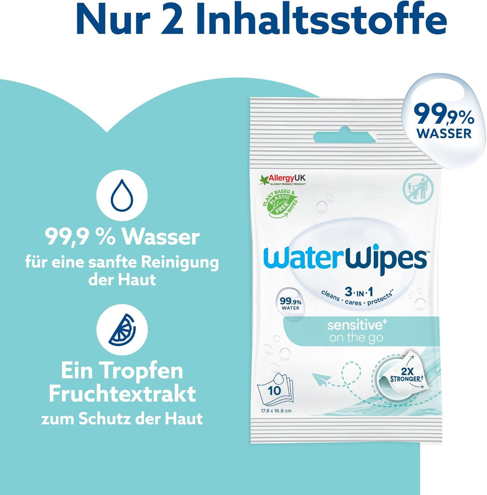 Toallitas húmedas WaterWipes Sensitive+ On The Go, 100 toallitas (paquete de 10), 3 en 1 limpia, cuida, protege, 99,9 % agua, toallitas sin fragancia