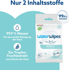 Toallitas húmedas WaterWipes Sensitive+ On The Go, 100 toallitas (paquete de 10), 3 en 1 limpia, cuida, protege, 99,9 % agua, toallitas sin fragancia