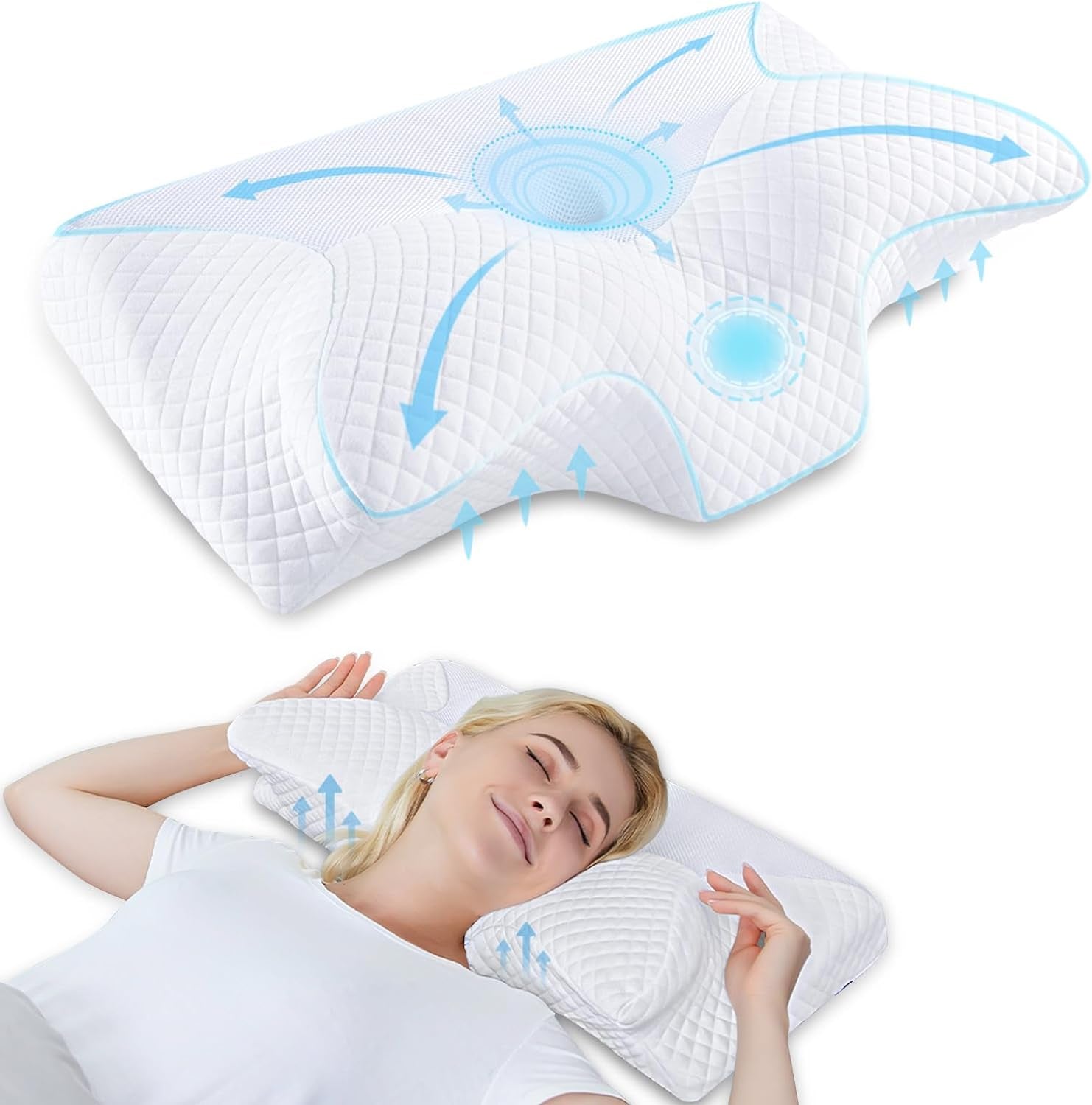 Pernă ortopedică din spumă de memorie pentru susținerea gâtului pernă pentru coloana cervicală Pernă ergonomică pentru dureri de spate, laterale și abdominale, 70X40X8.5/14Cm Perne ortopedice cervicale Naty Shop Alb 60 X 35 X 8/12Cm