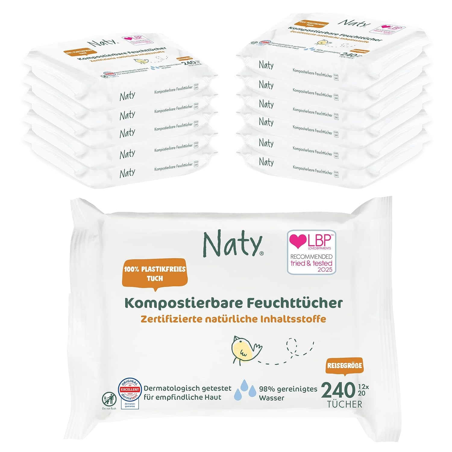 Toallitas Naty Bebé | 100% herbario y libre de fragancias para pieles sensibles | Toallitas compostables certificadas y sin plástico con 98% de agua purificada | 672 toallitas (12 paquetes)