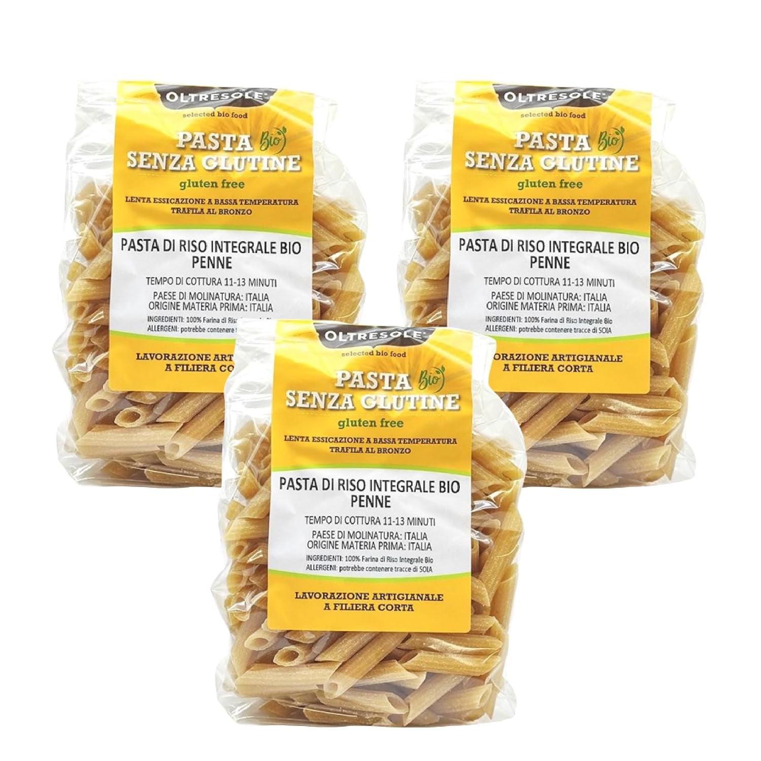 - Paste di Riso Integrale Biologica Italiana Gluten Free, Formato Penne - pasta sin gluten, harina de arroz integral 100% ecológica, rica en fibra, vegana, paquete de 3 paquetes de 350 g