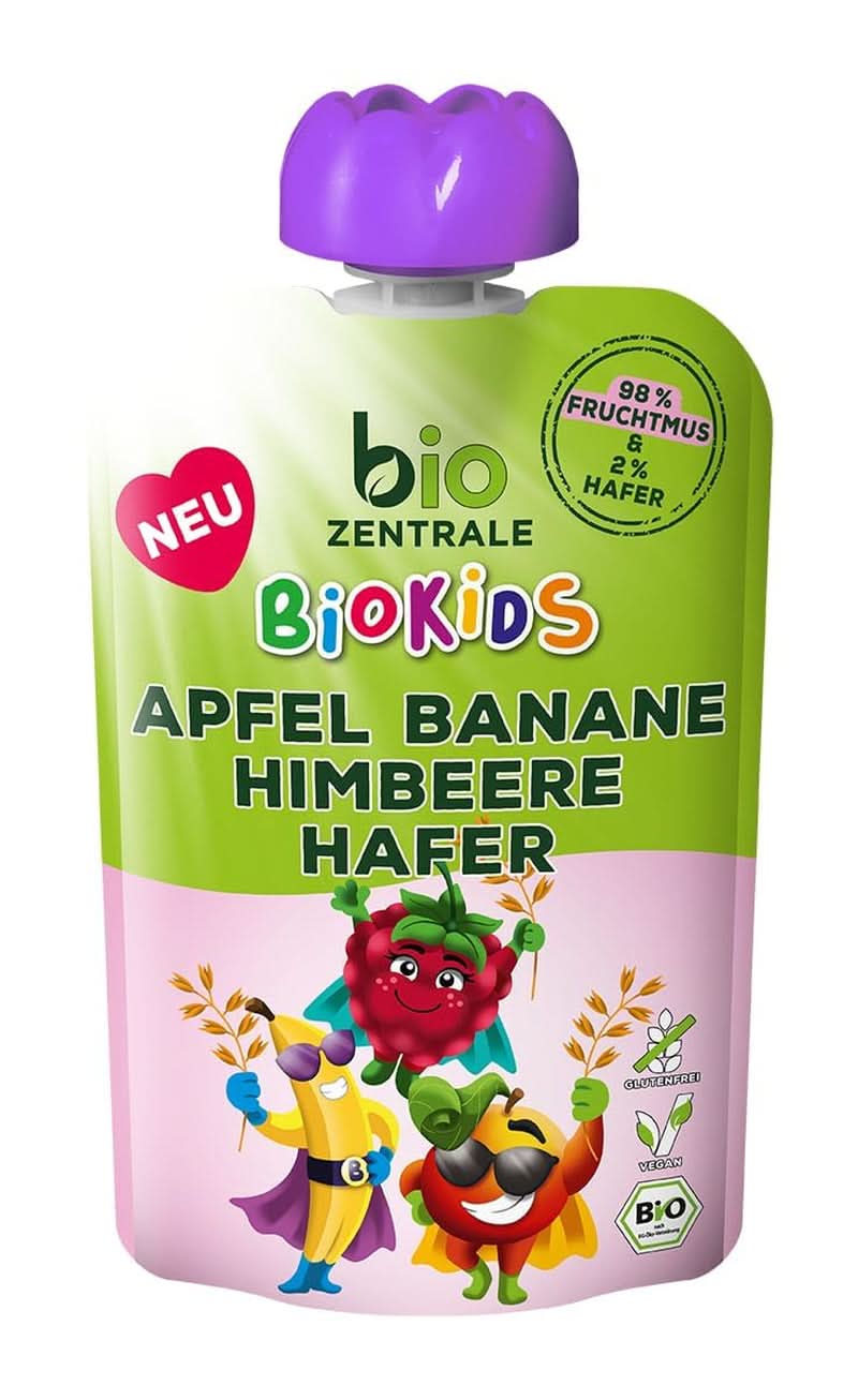 Biozentrale Biokids puré de frutas manzanas plátanos frambuesas avena | 12X90G | Snack de frutas sin azúcares añadidos | Tienda Vegana Madre e Hijo Naty
