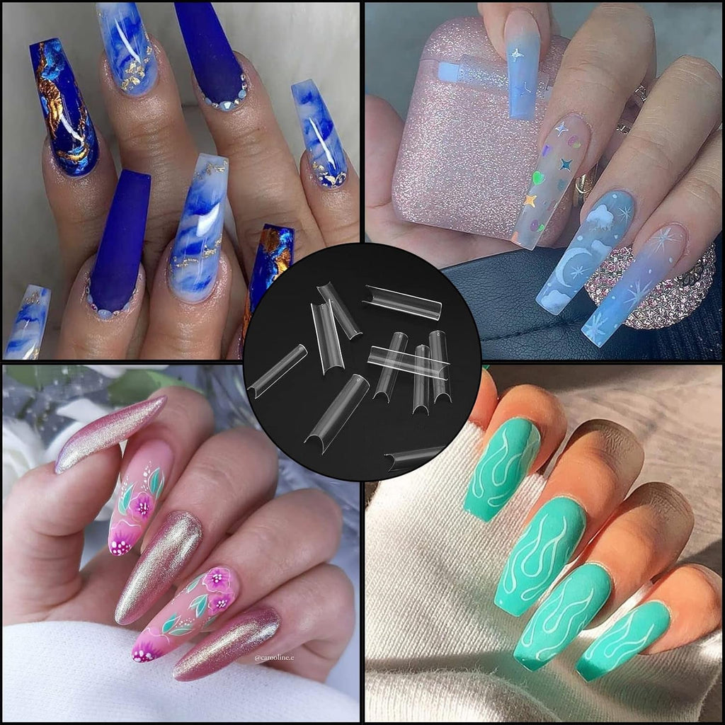 200 bucăți vârfuri unghii false, vârfuri unghii artificiale acrilice, vârfuri unghii false franceze, vârfuri unghii false transparente extra lungi drepte pătrate pentru saloane de unghii DIY