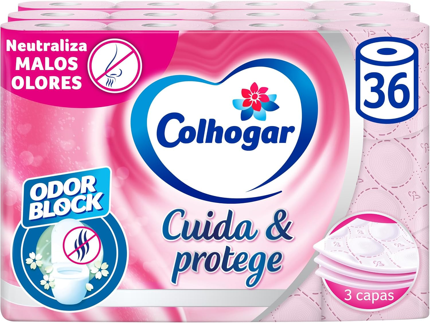 Colcasa, hârtie igienică Care & Protect 3 X 12 cu tehnologie Odor Block, neutralizează mirosurile neplăcute, pachet de 36 de role, 3 straturi, role roz cu aromă proaspătă