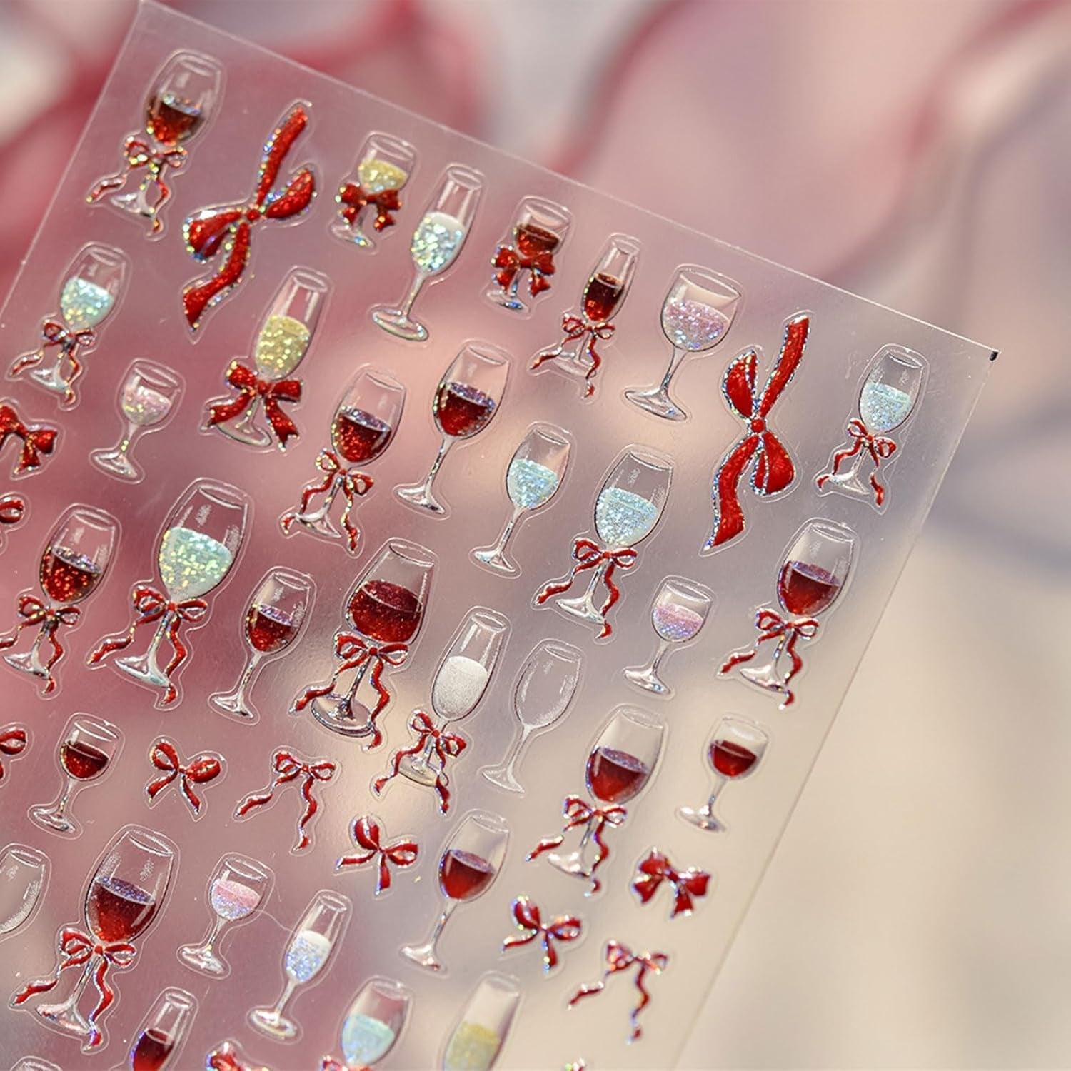 JMEOWIO 3D Nagelsticker Roter Kelch Mit Schleife Nail Art Sticker Selbstklebend Nagelaufkleber 5D Stereoskopisch Dekoration Nageldesign Zubehör 1 Blatt