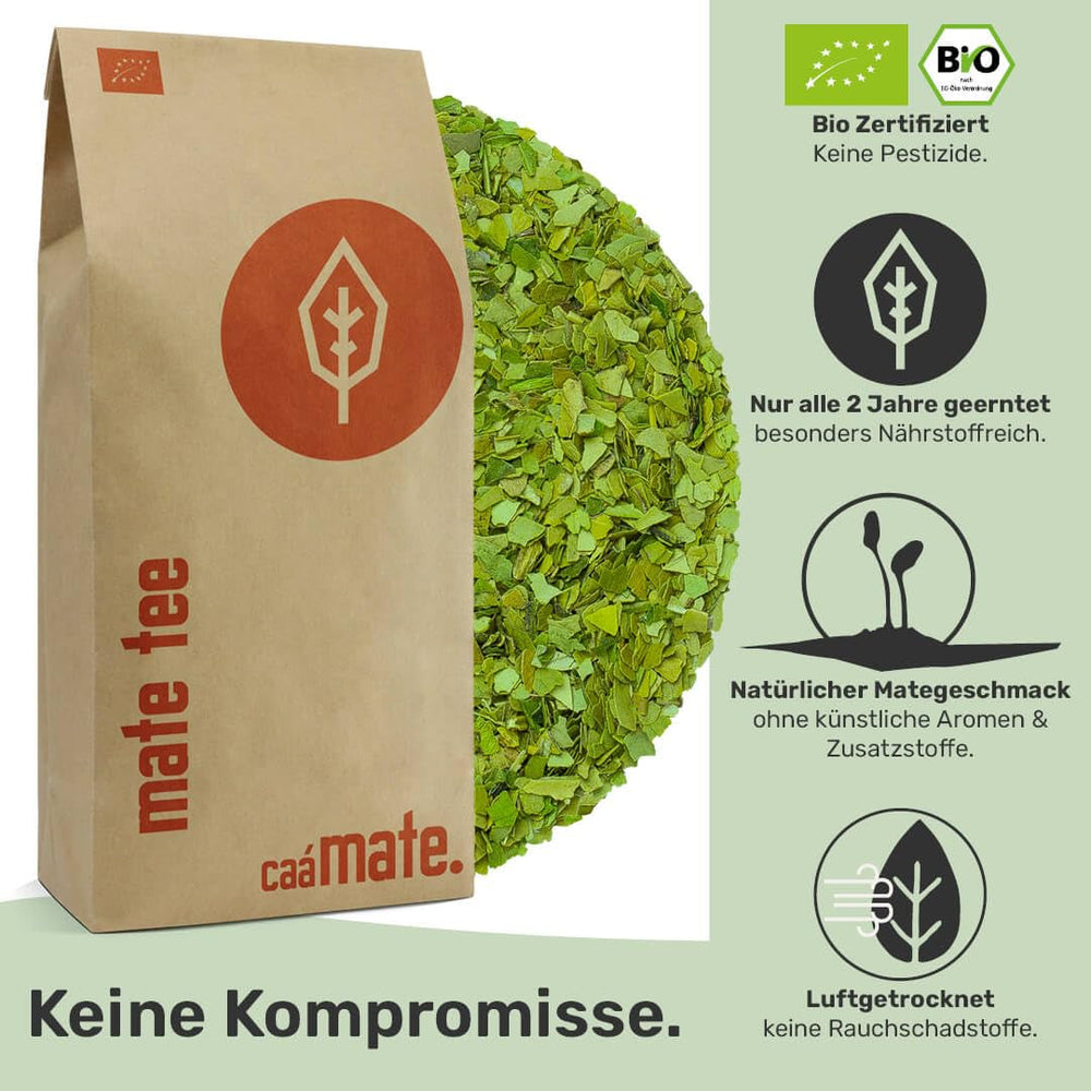 Ceai Mate Bio 1 kg Frunze de mate pure, proaspete și verzi, ecologice și uscate la aer Yerba Mate organic controlat, certificat și ambalat în Germania
