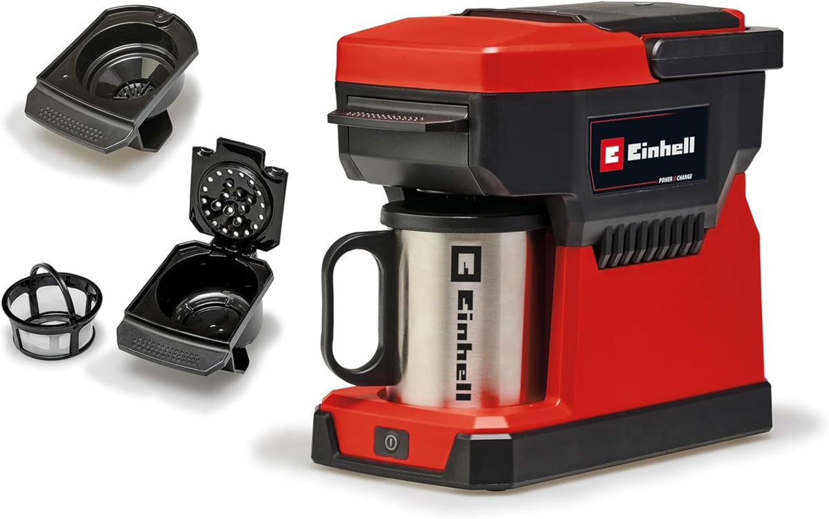 Espressor fără fir Einhell TE-CF 18 Li-Solo Power X-Change (18 V, rezervor de apă de 240 ml, pentru cafea filtrată și capsule de cafea, mâner de transport, incl. cană de cafea cu capac, fără baterie)