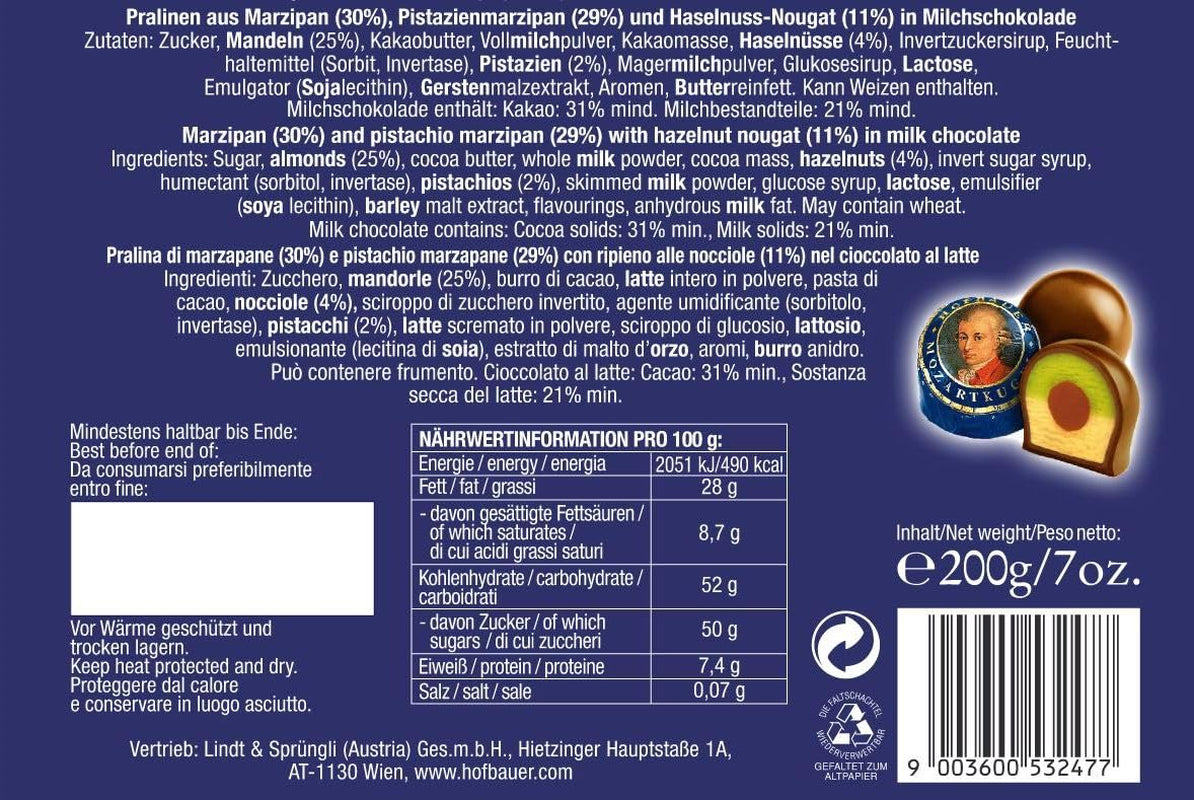 Hofbauer Viena, Mozartkugeln 200 g, chocolate con leche