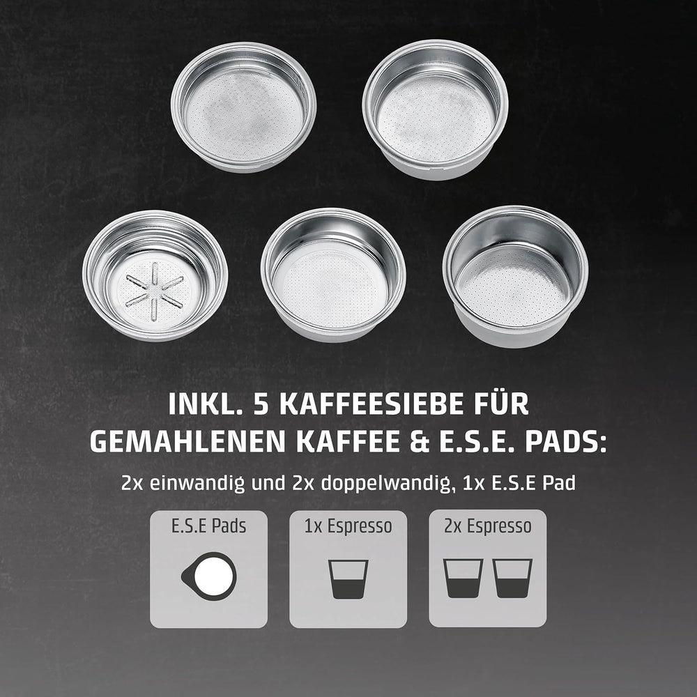 CASO EspressoGourmet Crema - Espressor portafiltru cu spumator de lapte, espresso, cappuccino, portafiltru din oțel inoxidabil, pompă ULKA 20 bar, aparat de cafea, cafea măcinată, capsule ESE