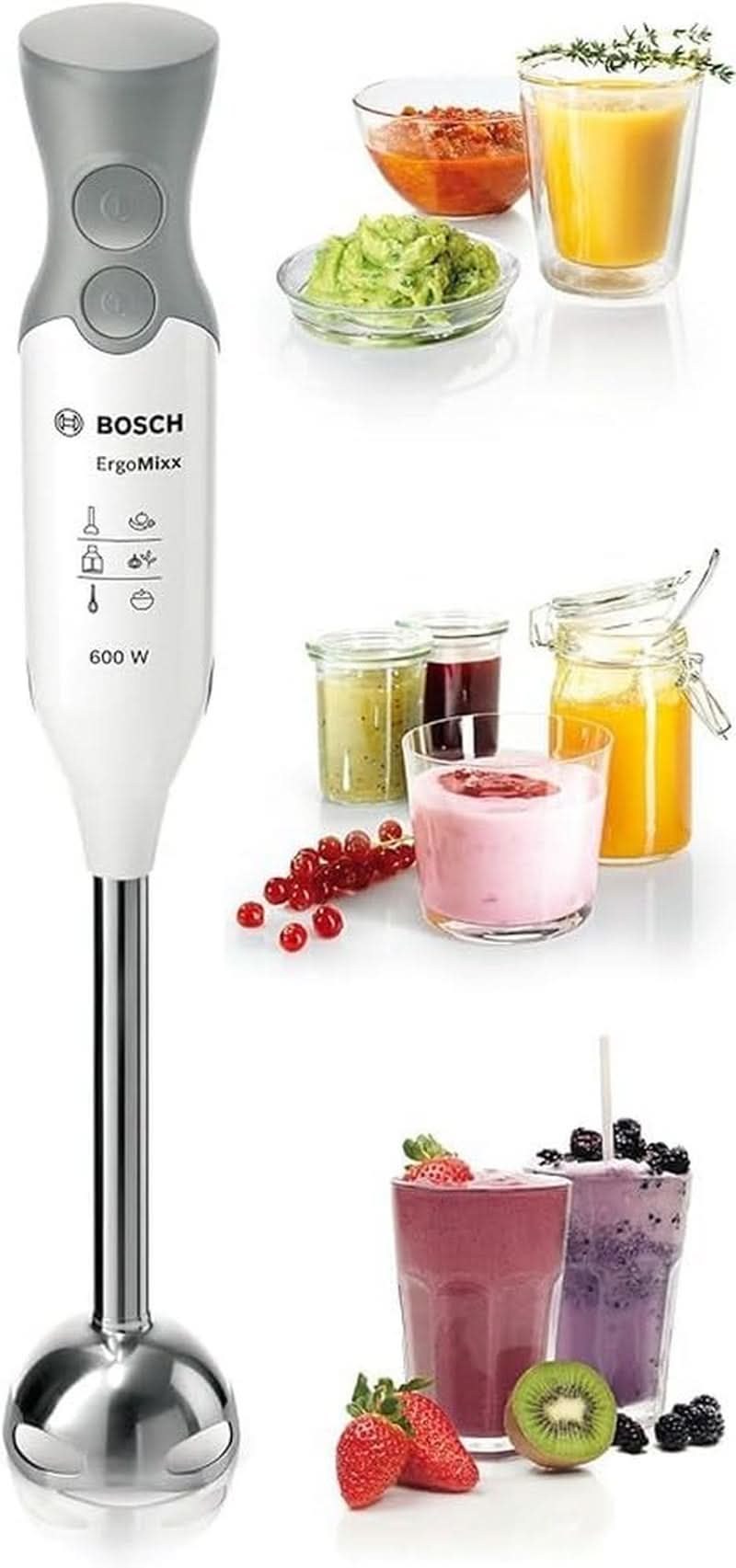 Bosch Stabmixer Ergomixx MSM66110, Edelstahl-Mixfuß, Mix- Und Messbecher, 2 Geschwindigkeitsstufen, Leichtes Gehäuse, 4-Klingen-Messer, Einfache Reinigung, 600 W, Weiß/Grau Bucatarie Naty Shop