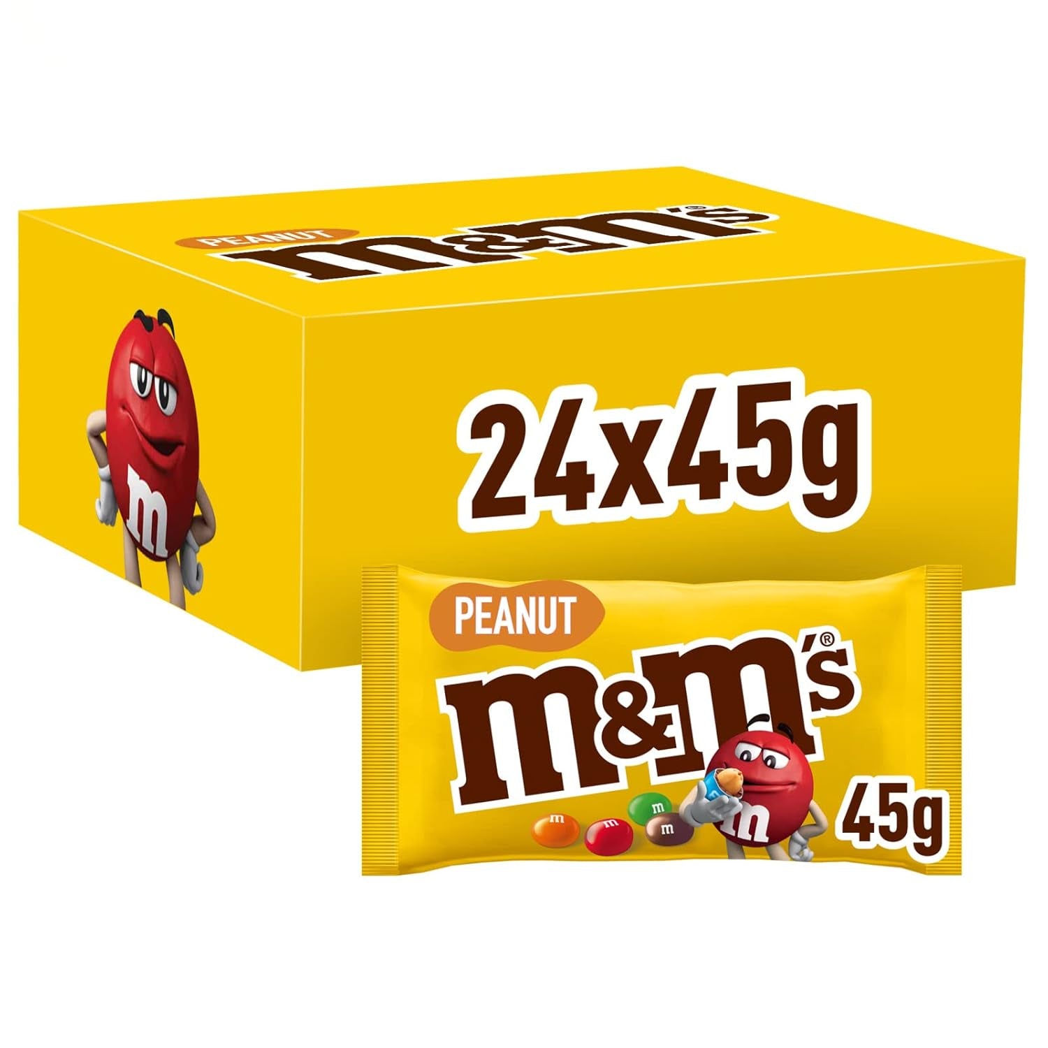 Paquete a granel de chocolate con maní de M&M, 24 x 45 g, lentejas con sabor a maní y chocolate, regalo de chocolate (1080 g), ideal como regalo con temática de fútbol