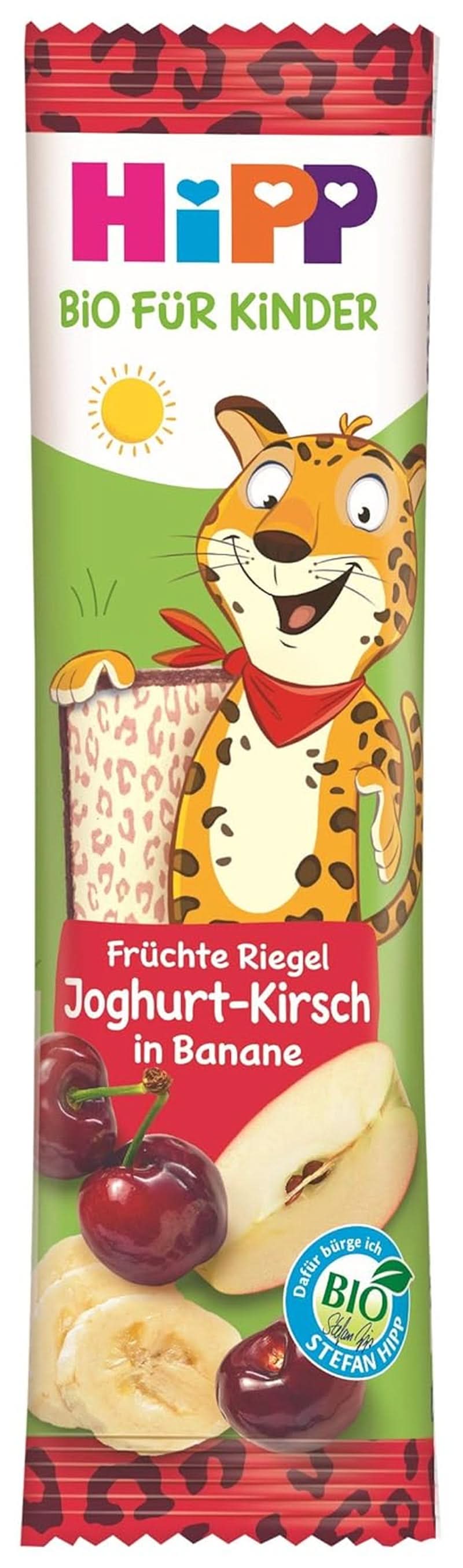 Barrita Leopardo Hipp Fruit-Friend Bio, yogur-cerezas en puré de plátano, 22 x 23g Mother and Child Naty Shop 22 x 23 gramos Yogur, cerezas en puré de plátano