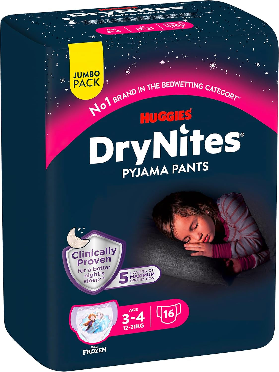 Scutece Huggies DryNites foarte absorbante pentru noapte, pentru fete 3-4 ani (12-21 kg), 4 x 16 bucăți (64 bucăți în total), pachet lunar de scutece-chiloți