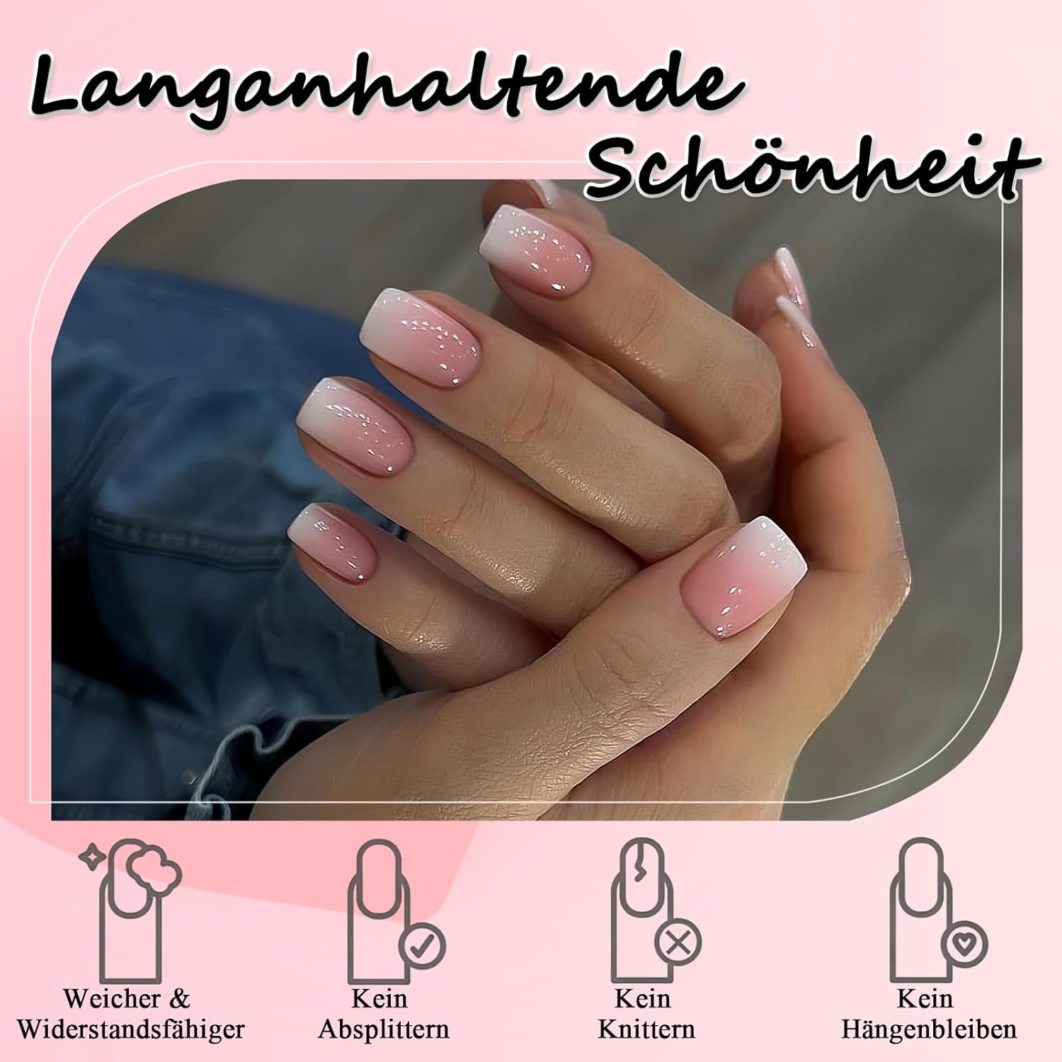 Kit unghii false 360 piese - Unghii artificiale scurte, nud, roz, alb, gradient - Unghii artificiale pătrate pentru lipit - Unghii autoadezive cu acoperire completă, lucioase, pentru femei și fete (pătrat)