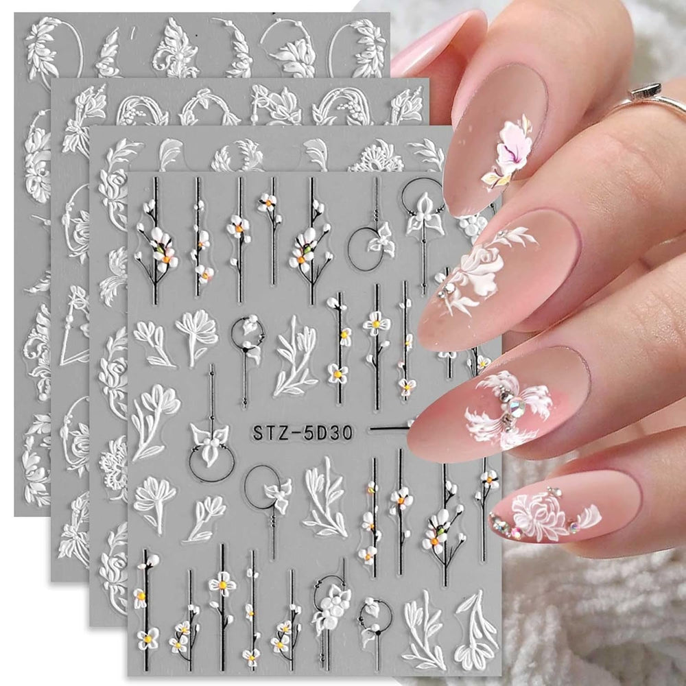 4 Blatt 3D Nagelsticker Frühling Blume Nagelaufkleber 5D Stereoskopisch Selbstklebend Nail Art Sticker Dekoration Nageldesign Zubehör