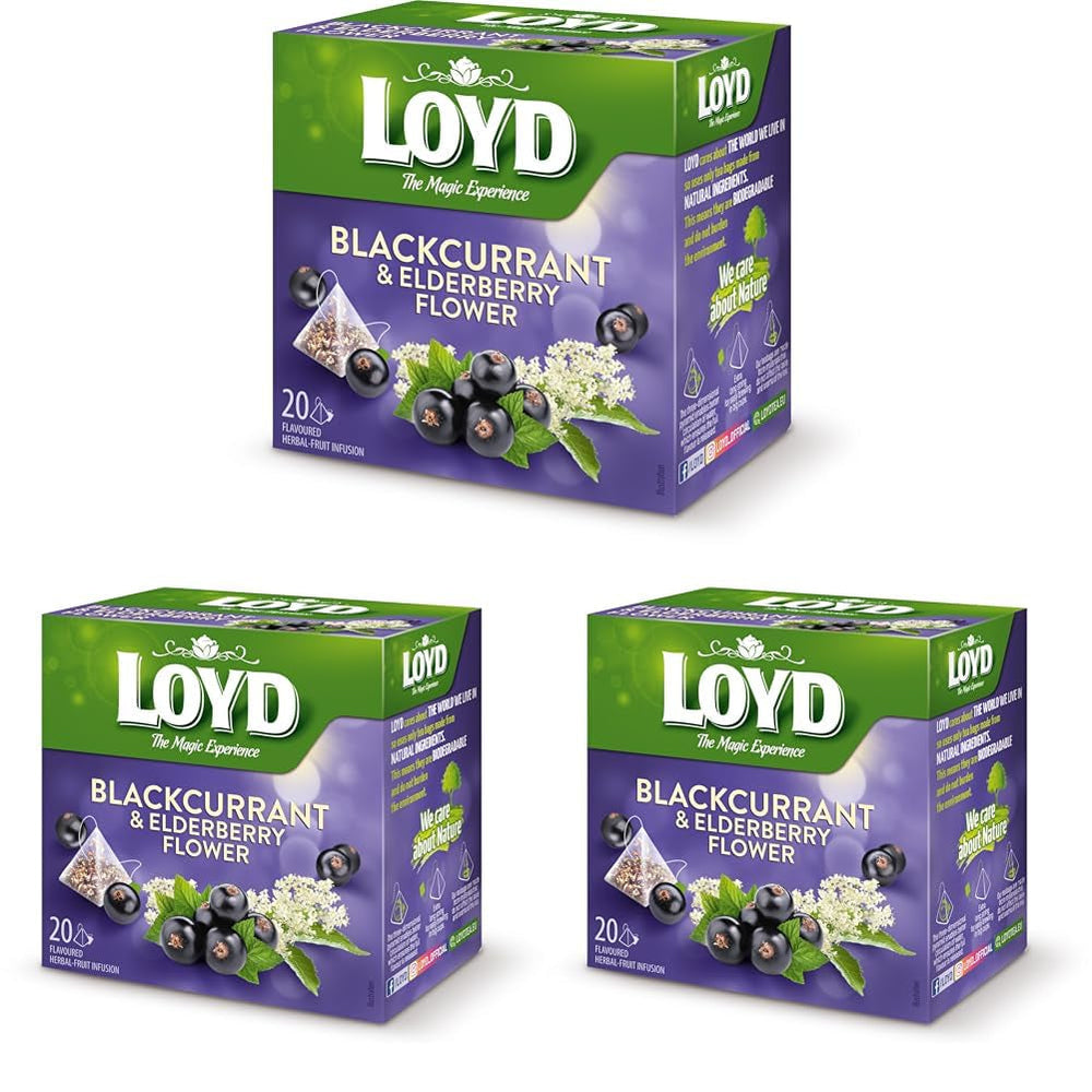 LOYD - Ceai de fructe cu coacăze negre și fructe de soc - 20 pliculețe piramidale - Amestec de flori de soc, frunze de mure cu suc de coacăze negre - Gust dulce și intens - 40 g