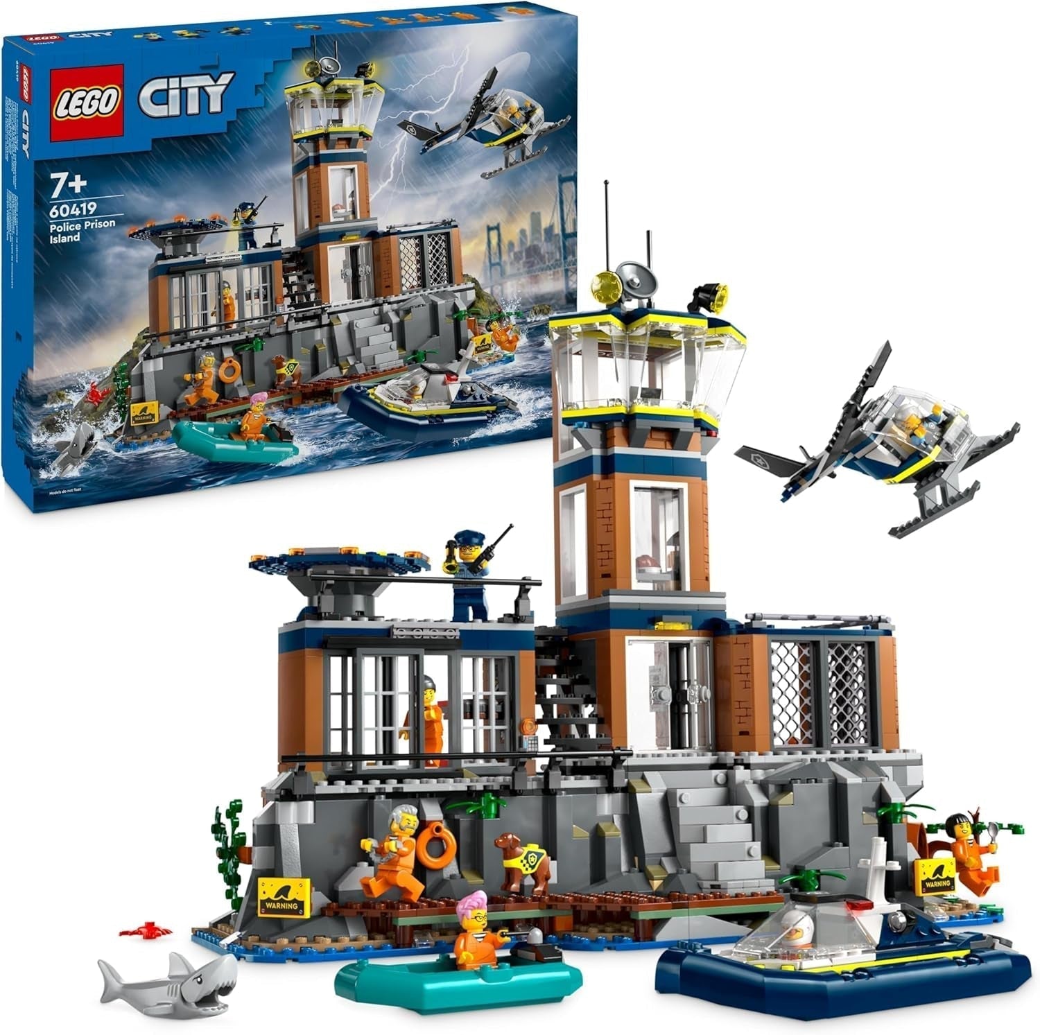 LEGO City Comisaría de Policía de Prison Island Helicóptero Barco Tiburón Policía Juego de juguetes 7 minifiguras y perro Regalo de cumpleaños para niños y niñas de 7 años 60419 Juegos de construcción Besuche den LEGO-Store Single