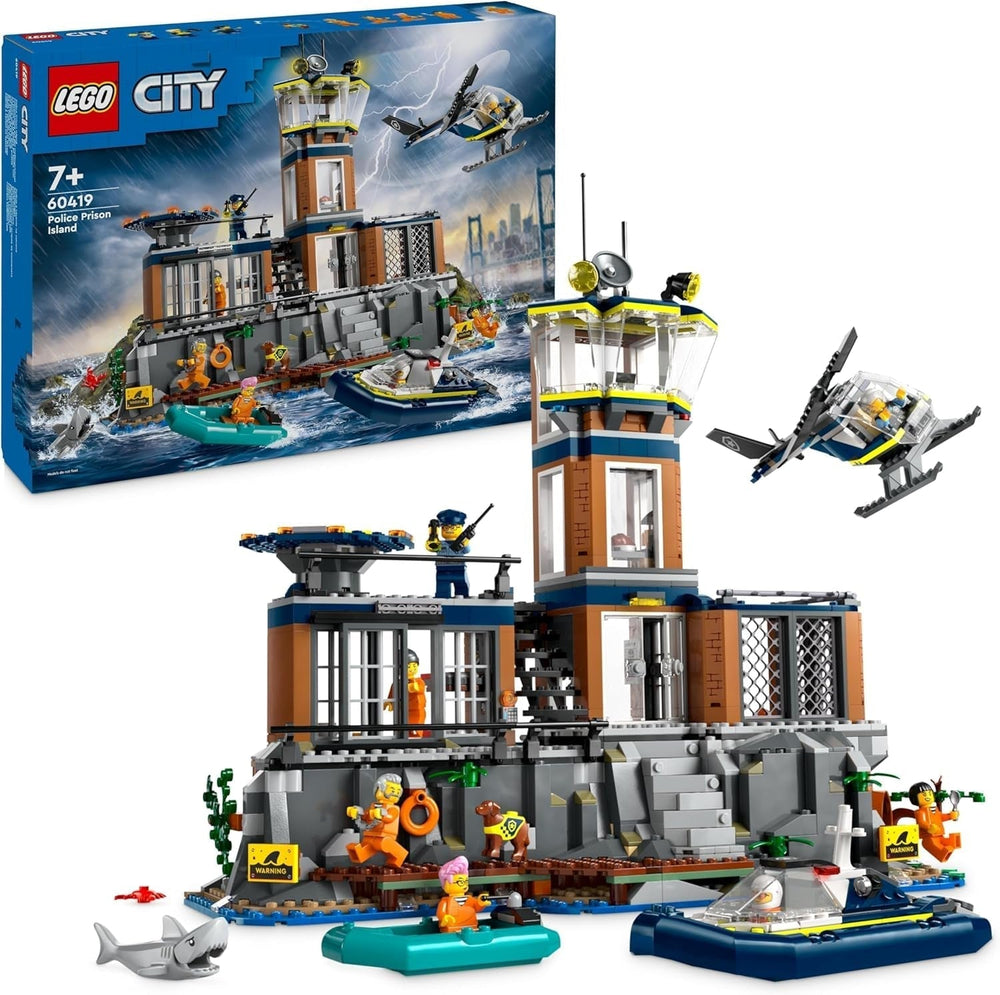 LEGO City Comisaría de Policía de Prison Island Helicóptero Barco Tiburón Policía Juego de juguetes 7 minifiguras y perro Regalo de cumpleaños para niños y niñas de 7 años 60419 Juegos de construcción Besuche den LEGO-Store Single