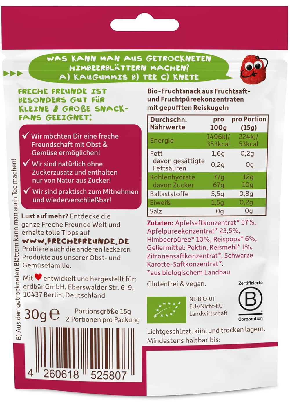FRECHE FREUNDE Jaleas de frutas orgánicas, piruletas de manzana, frambuesa y arroz, snack dulce afrutado para niños, sin gluten, vegano, paquete de 20 (20 x 30 g)