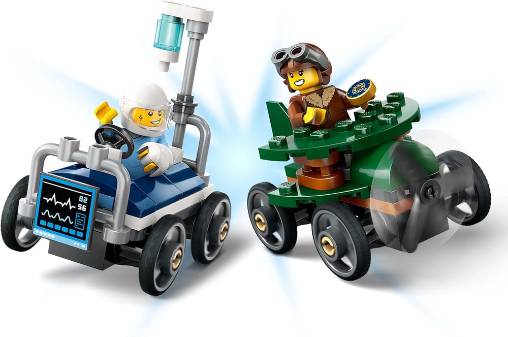 Avión LEGO City vs. Set de coches de carreras con cama de hospital - Jabonera de juguete para niños y niñas a partir de 5 años - Set de construcción con 2 minifiguras - Regalo de cumpleaños y vacaciones 60459 Juegos de construcción Besuche den LEGO-Store