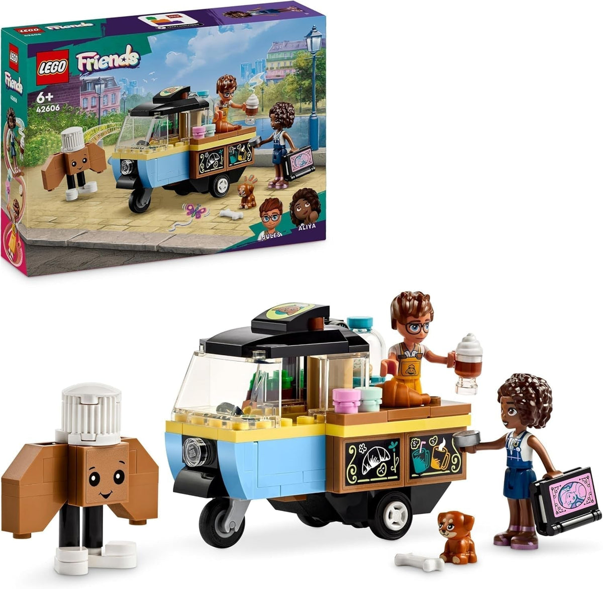LEGO Friends Rolling Café Juguete pequeño para hornear para niños, regalo para niñas y niños a partir de 6 años, juguete educativo con Aliya, Jules y la perra Aira 42606 Juegos de construcción Besuche den LEGO-Store Single