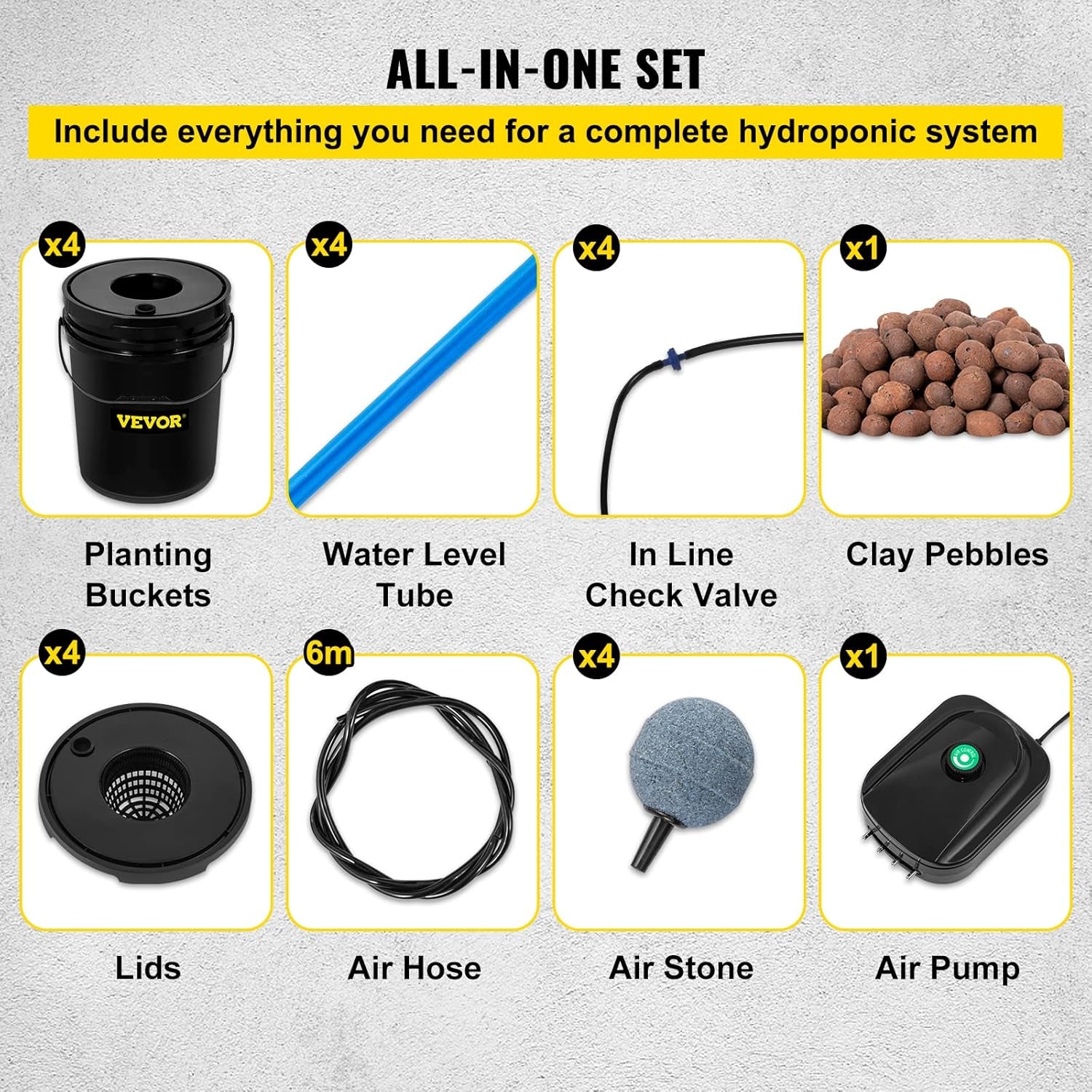 VEVOR DWC Sistema de Cultivo Hidropónico, Sistemas de Cultivo Hidropónico, Cultivo en Aguas Profundas 4 Cubos de 20 Litros, Sistema DWC con Bomba de Aire, Piedras de Aire e Indicador de Nivel de Agua para Vegetales de Hoja
