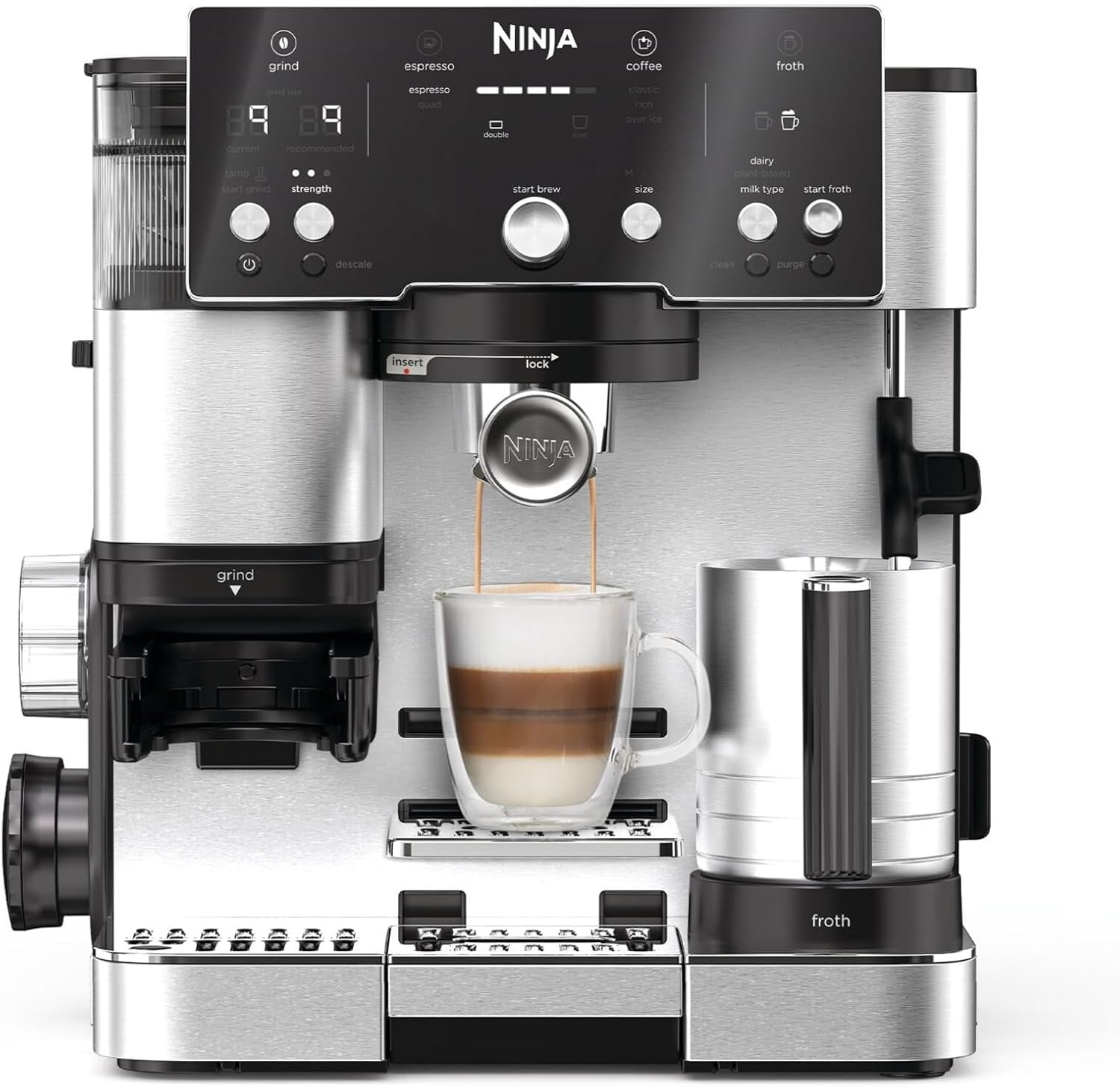 Aparat de cafea Ninja Luxe Pro 3 în 1 cu râșniță și spumator pentru latte, cappuccino, Cold Brew și espresso, ușor de utilizat, 5 presetări pentru spumator, argintiu, ES701EU