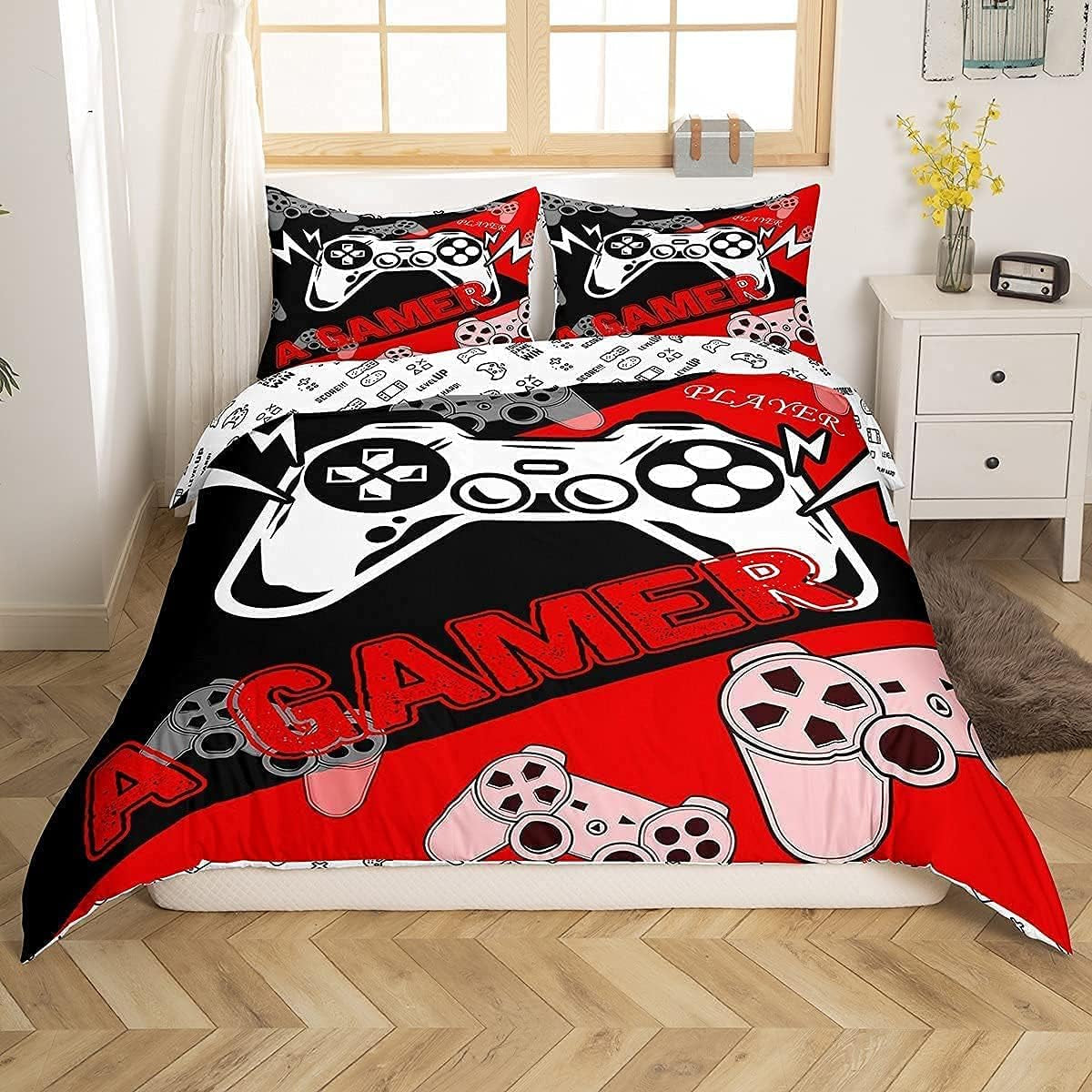 Juego de ropa de cama Gamer para jóvenes, 155 x 220, juego de cama para niños, adolescentes, hombres, vídeos, decoración, juego de cama reversible, funda verde, mando de juegos retro, cama de lujo, color blanco, 2 piezas