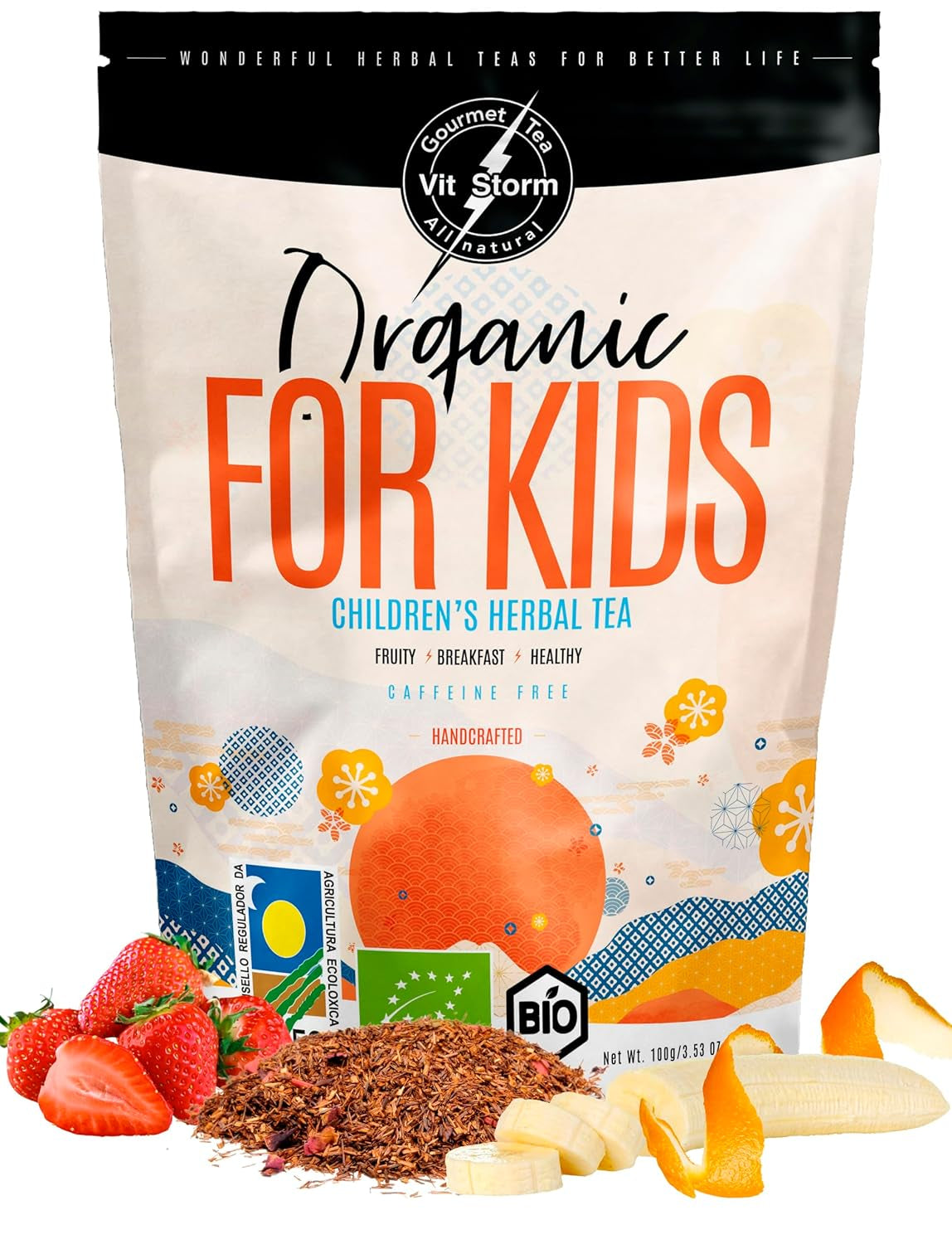 VITSTORM® BIO TEE Mom &amp; Kids – Ceai pentru femei și alăptare – Rooibos, mere, fenicul, melisă, alchemilla, căpșuni – Ceai relaxant - Fructat și delicios - Fără cofeină - Ceai din plante 100 g