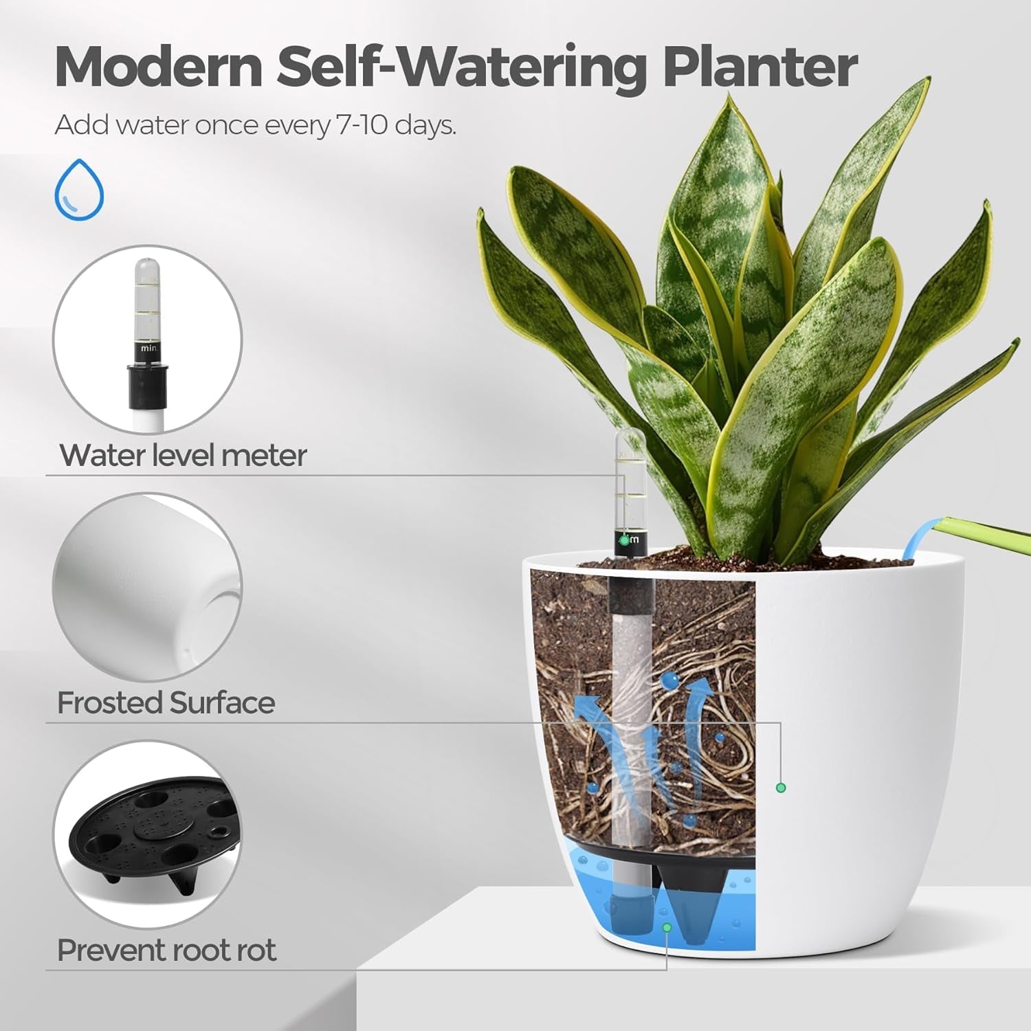 Ghiveci de flori T4U de 15 cm cu auto-udare și indicator de apă, alb, set de 4 ghivece, rezervor de apă cu auto-udare, pentru interior și exterior