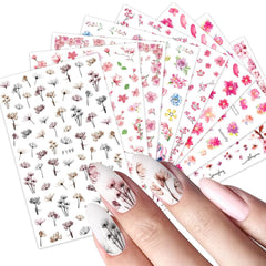 JMEOWIO Nagelsticker Frühling Blume 9 Blatt Nagelaufkleber Selbstklebend Rosa Blüte Nail Art Sticker Dekoration Nageldesign Zubehör