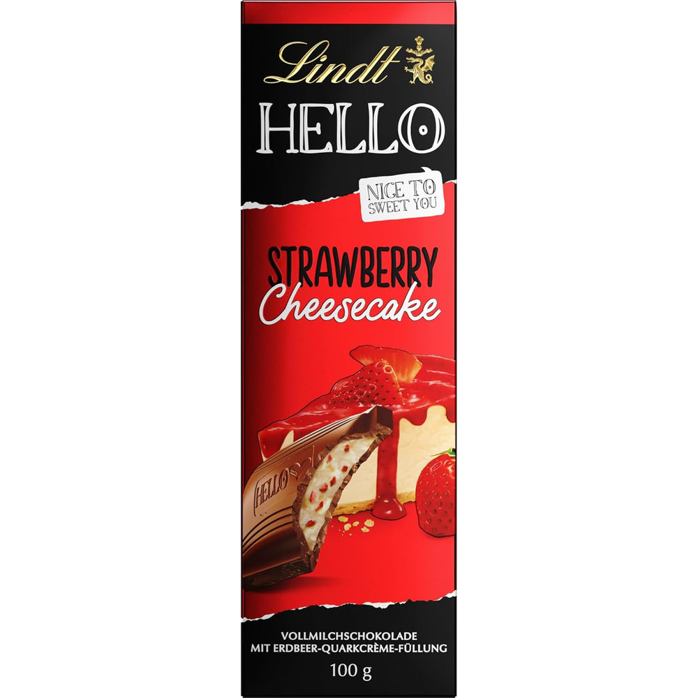 Lindt HOLA Tarta de queso con fresas y chocolate | Barra 100g | Chocolate con leche con relleno de crema de quark de fresa | Barra de chocolate | regalo de chocolate