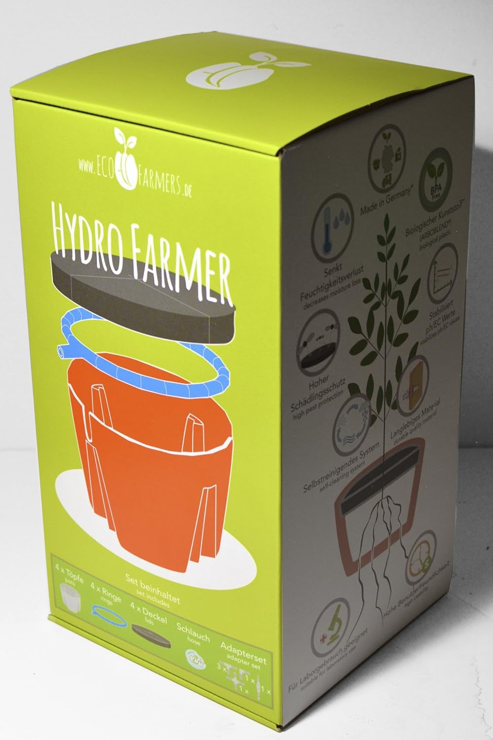 Hydro Farmer, juego de macetas de 19 piezas Ø 18 cm (verde), sistema de cultivo que incluye 4 macetas, 4 anillos de riego, 4 tapas, juego de adaptadores y manguera de 2 m, hidroponía, aeroponia