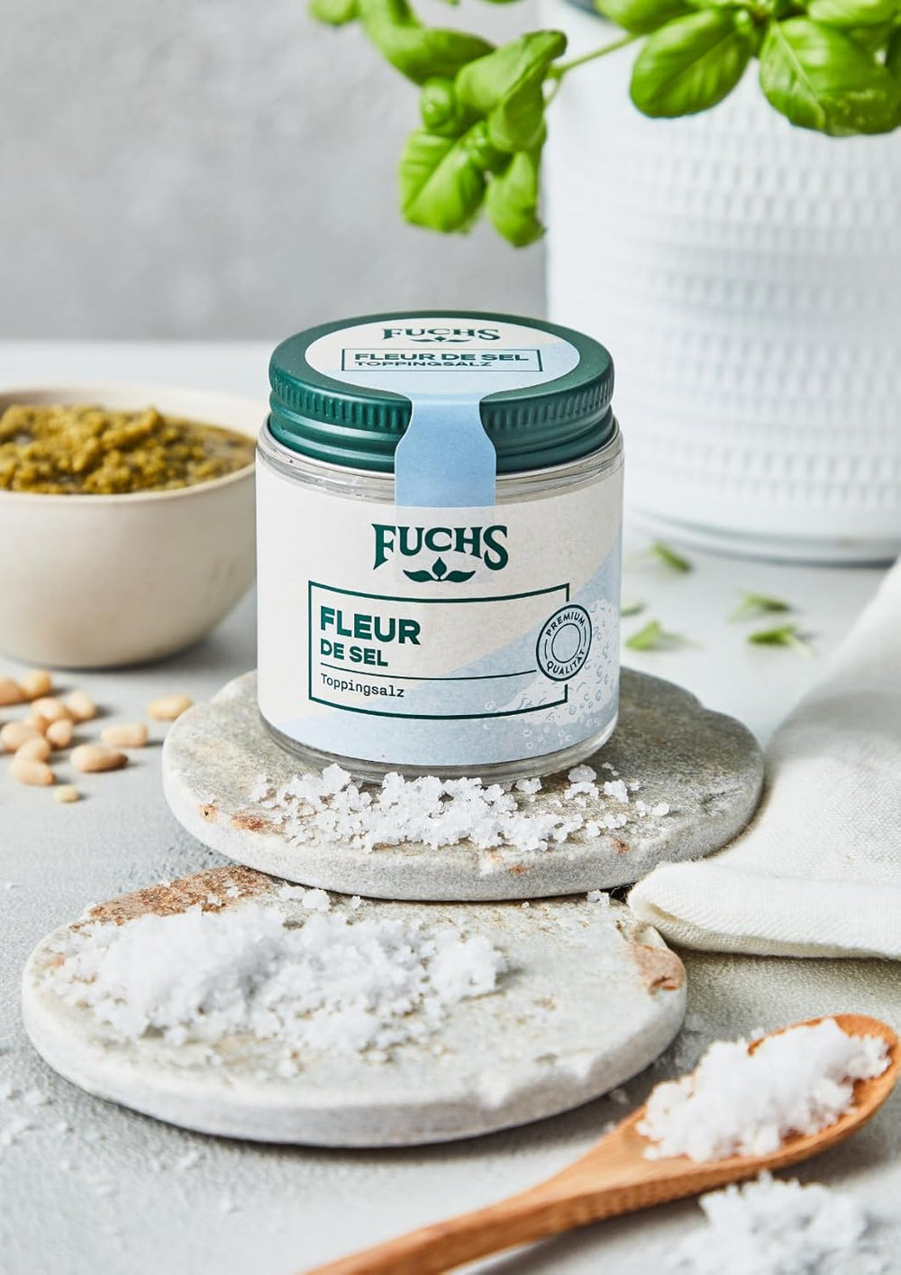 Fuchs Gewürze - Flor de sal | Sal Noble Topping para Espárragos, Mariscos y Pescados | Salsa de mar en calidad premium 100 g im wiederverschließbaren Gewürzglas