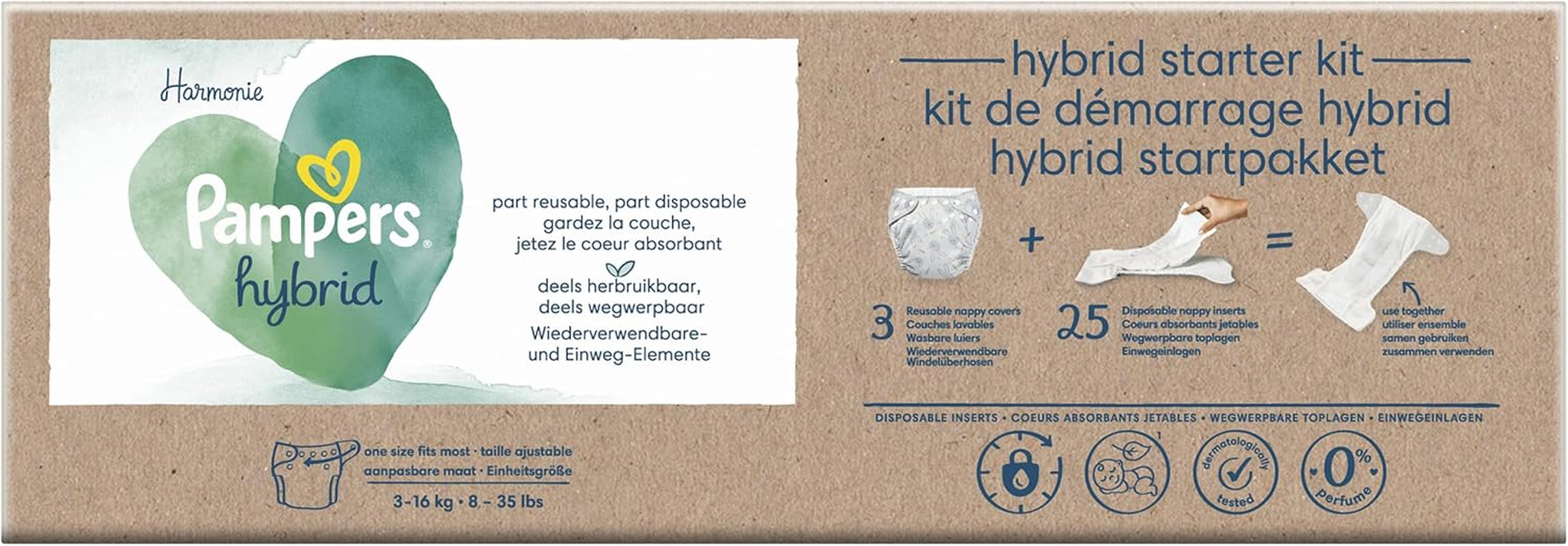 Pampers - Paquete básico Harmony Hybrid, 3 pañales lavables + 25 capas superiores desechables - 1 paquete