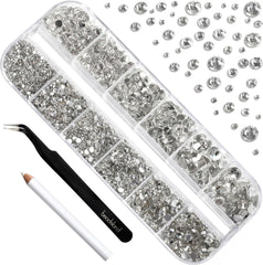 Beadsland 2500Pcs Glas Nailart Strasssteine Kristall Flatback Edelsteine Runde, ​​Für Handwerk Gemischt 8 Größen SS4 ~ SS30 Mit Picking Pinzette Und Stift (Kristall Weiss)