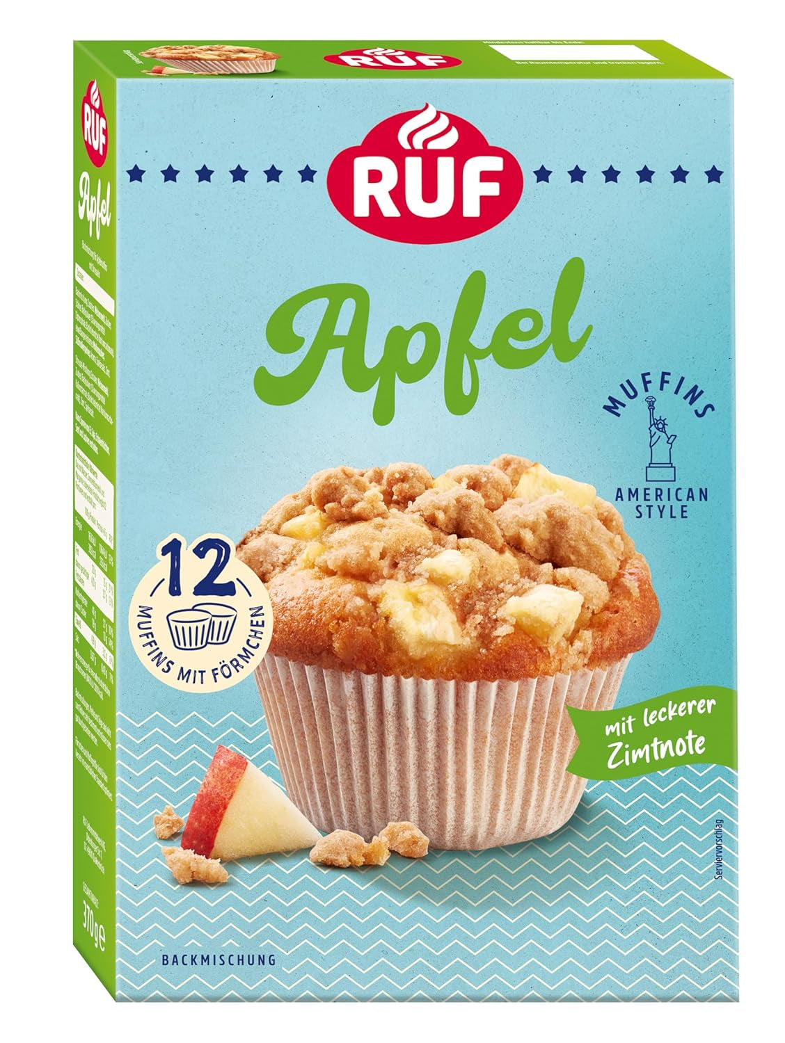 RUF Cheesecake-Muffins Backmischung, American Style Muffins Mit Cremiger Füllung, Einfache Zubereitung, 12 Muffin-Förmchen Inklusive Naty Shop Apfel 370 G (1 paquete)