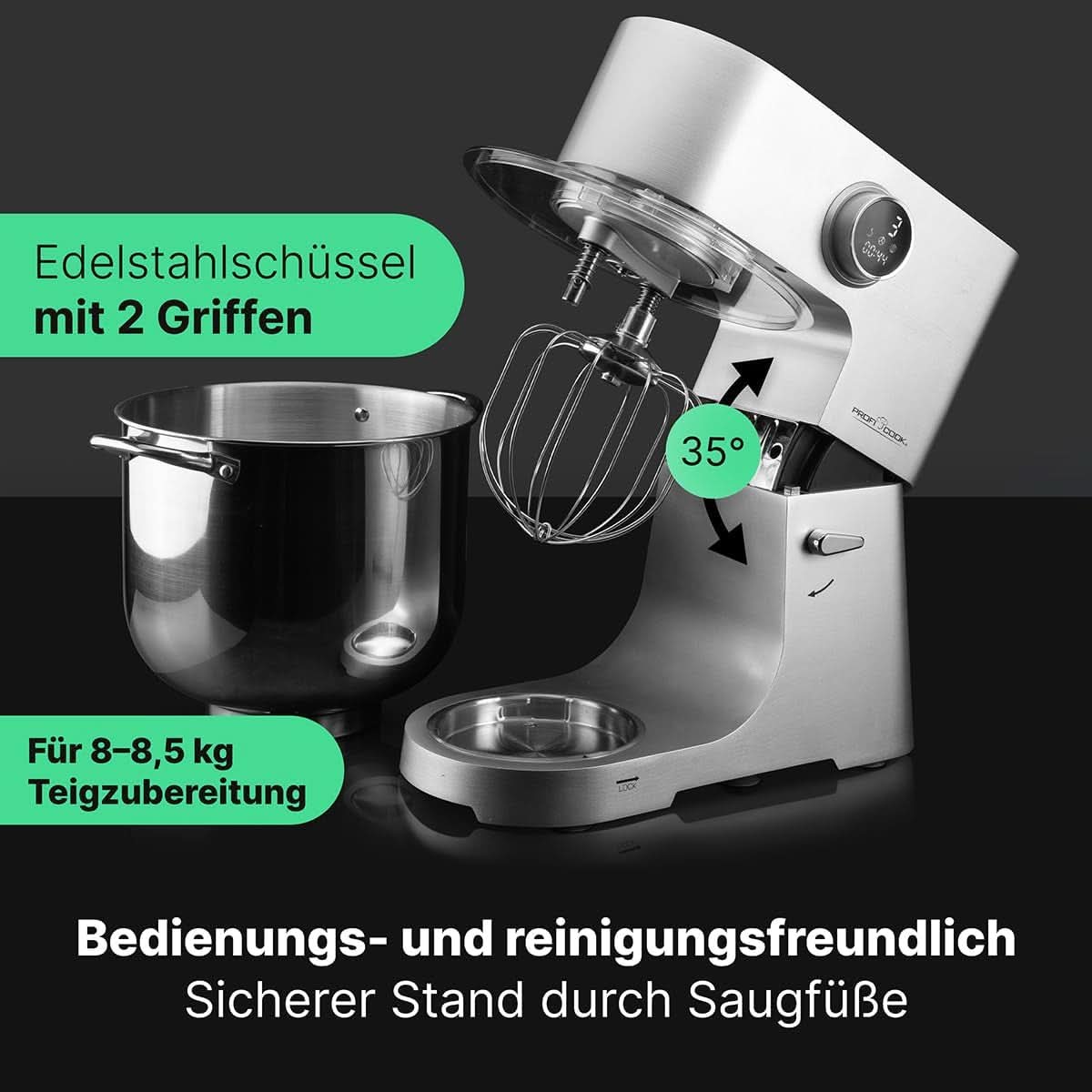 Proficook® Küchenmaschine Mit XXL 12L Schüssel | Knetmaschine con motor profesional de larga duración de 2500 W | Metallgetriebe y pantalla LED | Procesador de alimentos para bis zu 8,5 kg de masa | 13 velocidades | PC KM 1254 Tienda Naty Madre e Hijo