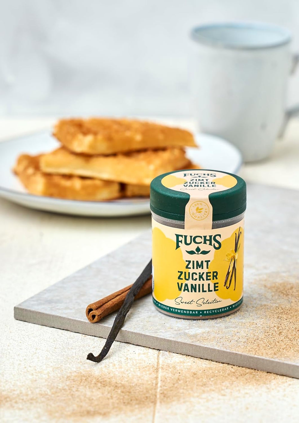 Fuchs Gewürze - Zimt Zucker Vanille - Gewürz zum Versüßen von Wafeln, Milchgetränken oder Joghurt - aus natürliche Ingrediente - 100 g en wiederverwendbarer, recyclebarer Dosis
