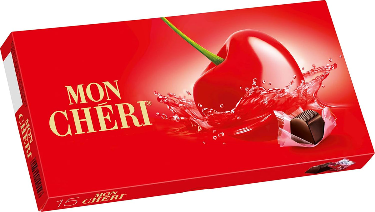 Ferrero Mon Chéri - Chocolate crujiente, licor afrutado y una cereza aromática - Regalo de chocolate de San Valentín para él y para ella - 1 paquete de 15 bombones individuales
