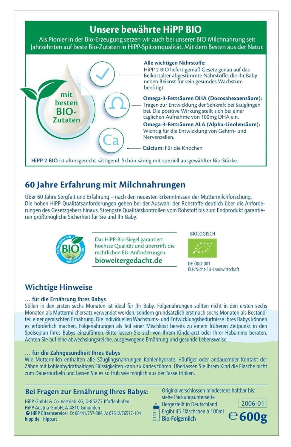 Lapte de continuare HiPP 2 Organic (4 x 600g), după 6 luni, cu Omega-3 (DHA, ALA), calciu și amidon organic ușor de preparat, de cea mai bună calitate organică