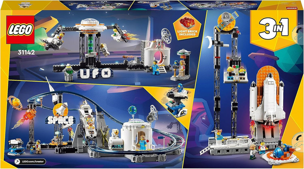 LEGO 31142 Creator Kit de juguetes de montaña rusa espacial 3 en 1 para niños con carros funcionales, se convierte en una torre de caída libre o carrusel con cohetes y ladrillos brillantes Juegos de construcción Besuche den LEGO-Store