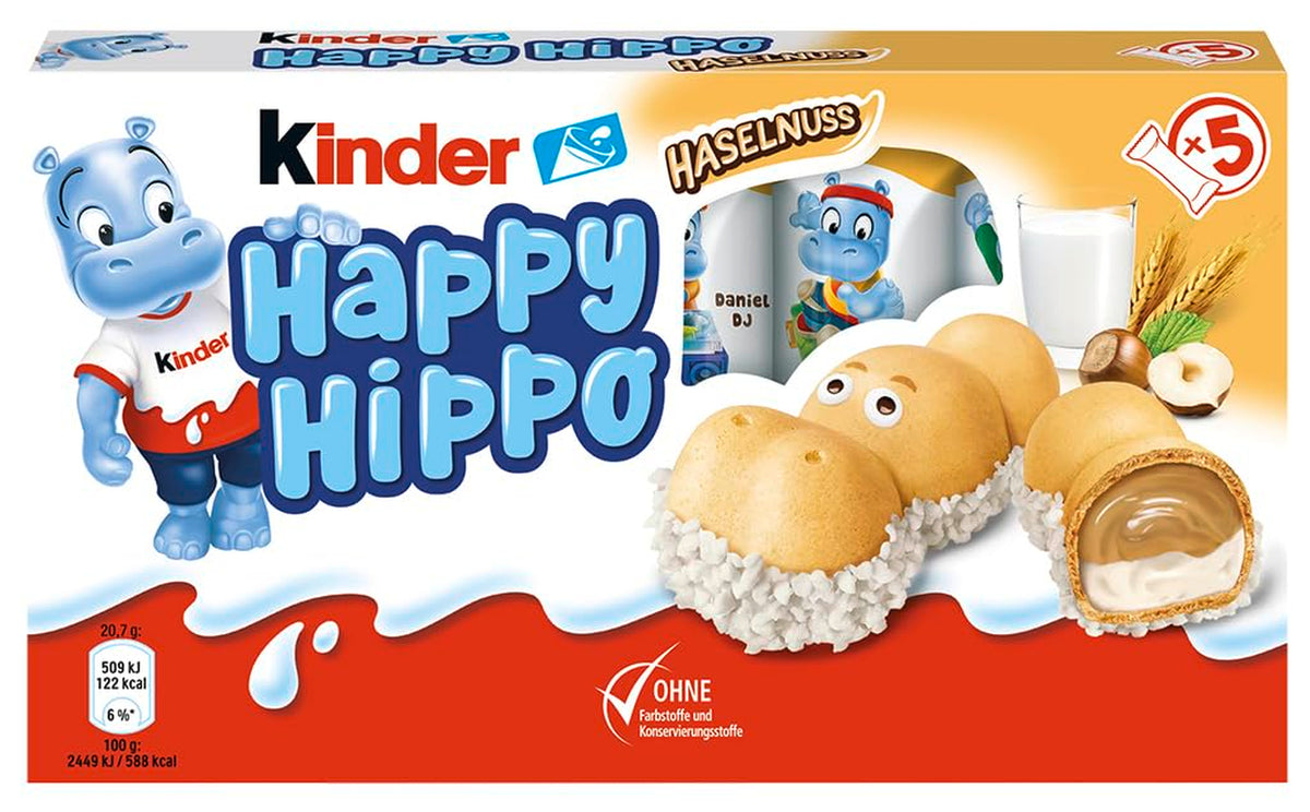 Kinder Happy Hippo Avellana - Obleas Crujientes Especiales con Leche y Crema de Avellanas - Dulces de Carnaval y Mardi Gras - 1 paquete que contiene 5 barritas individuales de 20,7g cada una