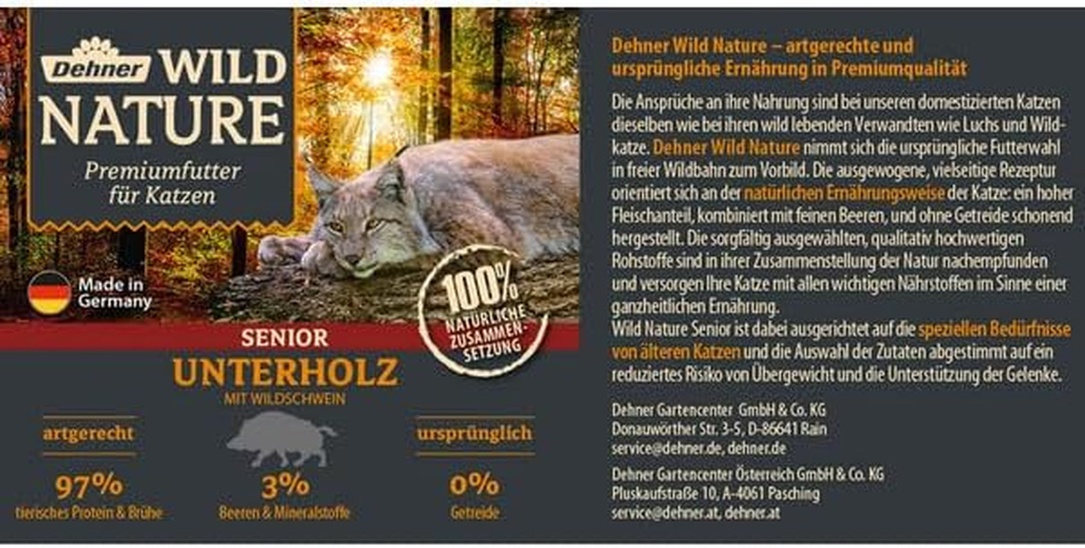 Dehner Wild Nature Katzenfutter Unterholz, Nassfutter getreidefrei / zuckerfrei, für ältere Katzen, Wildschwein, 6 x 400 g Dose, (2.4 kg)