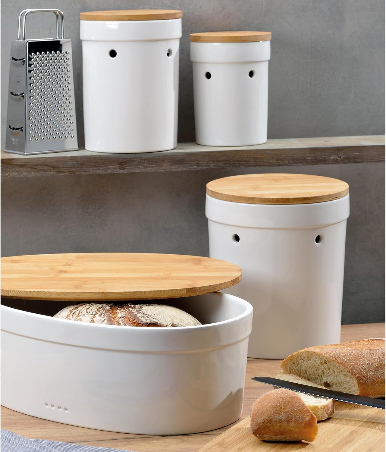 Cutie de pâine Kela cu găuri de ventilație, cutie de pâine ceramică, SALENA, vas de pâine, alb, 36,5 x 23,5 x 14 cm Cutii depozitare alimente Naty Shop