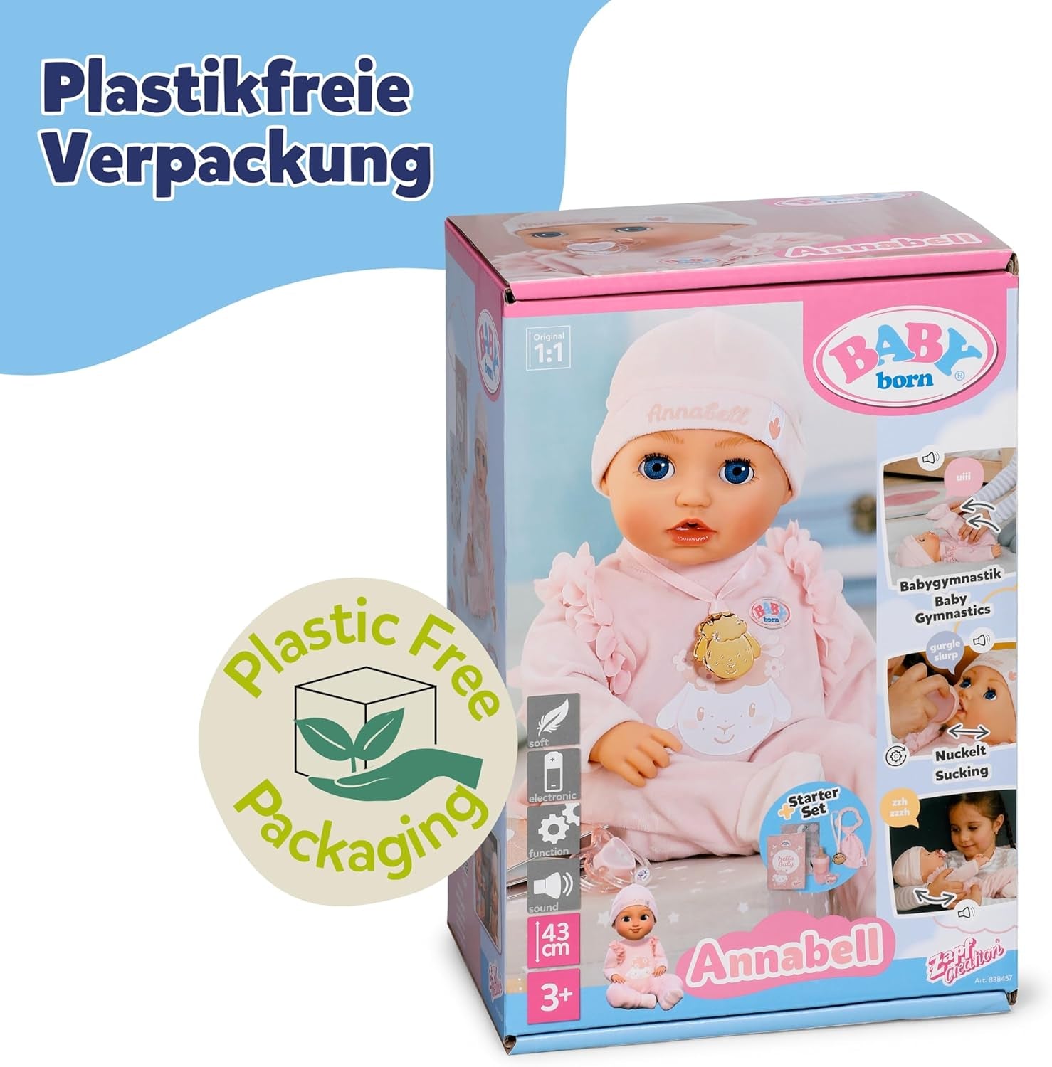 BABY Born Annabell 43 cm - Păpușă moale cu 7 funcții electronice și sunet - Potrivită pentru copii cu vârsta de la 3 ani în sus - Păpușa include accesorii - Necesită baterii