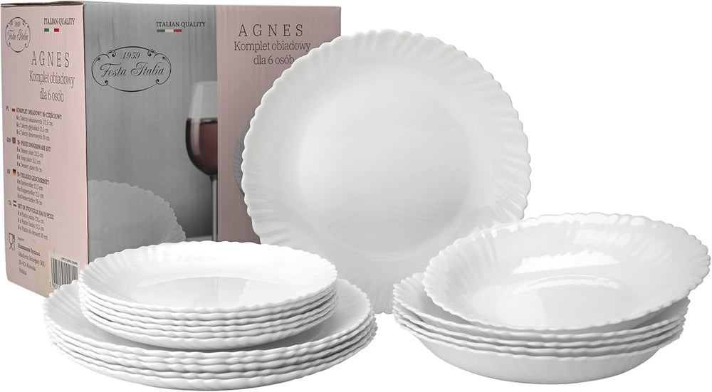 Set de veselă pentru 6 persoane - 18 piese - Set de farfurii din sticlă opal - Set de veselă albă - Set de bol și farfurie - Veselă modernă - Farfurii - Serviciu de masă - Set de veselă pentru 6 persoane