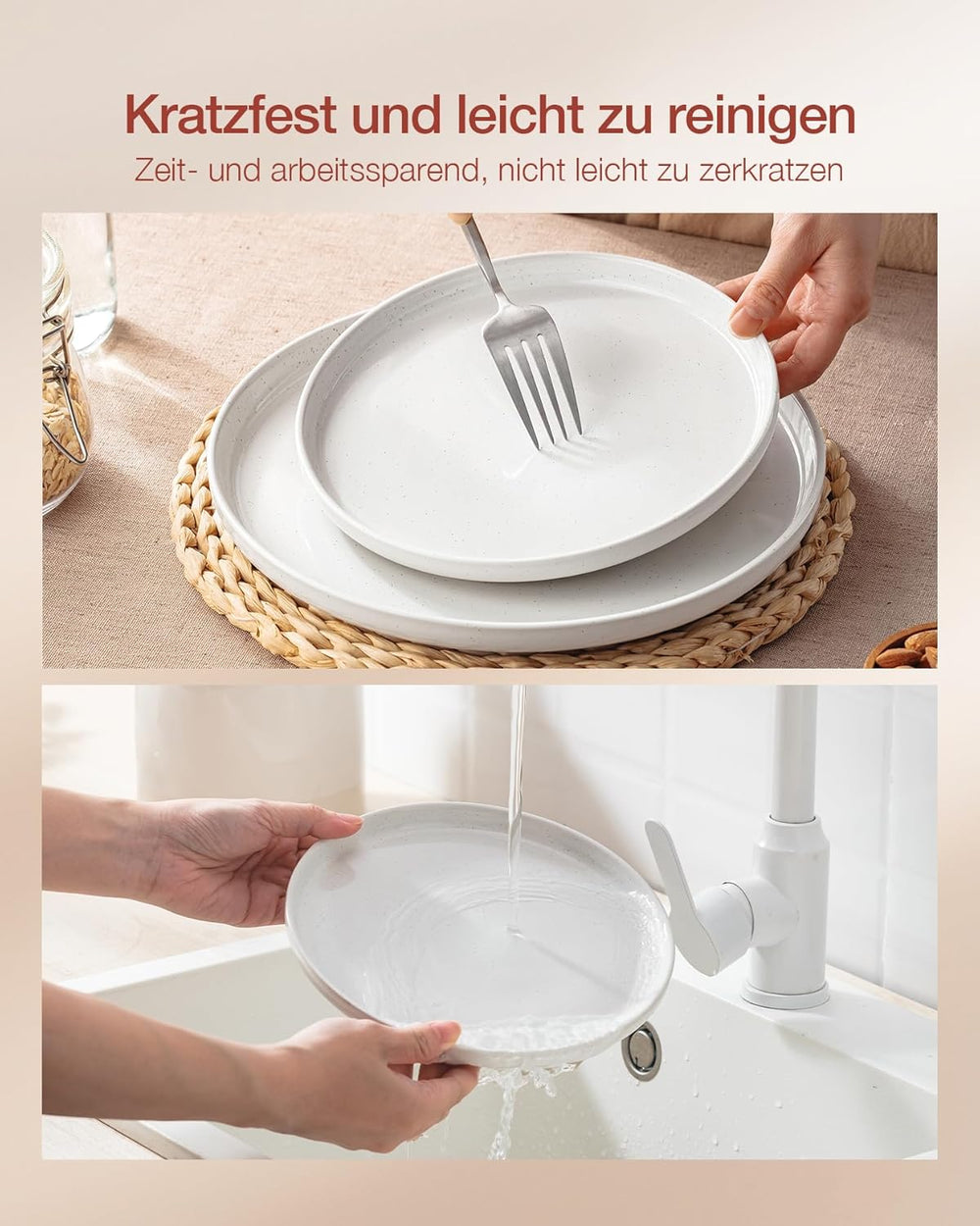 Set de veselă Milkyway, set de farfurii cu 18 piese, set de veselă din gresie pentru 6 persoane cu farfurii de cină, farfurii de desert, boluri pentru cereale, potrivit pentru cuptorul cu microunde și mașina de spălat vase, alb